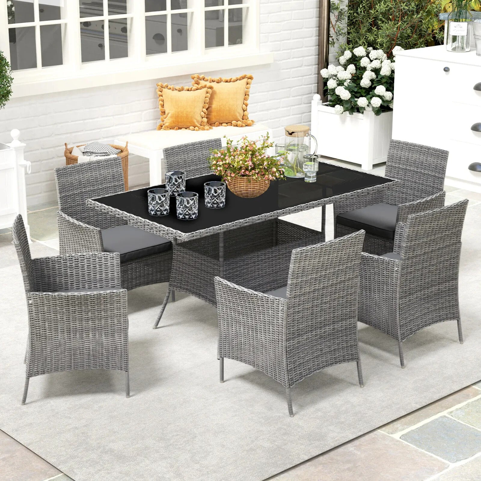 7 Piece Rattan Garden Furniture Set with Cushions 6 Seater Dining Table & Chairs