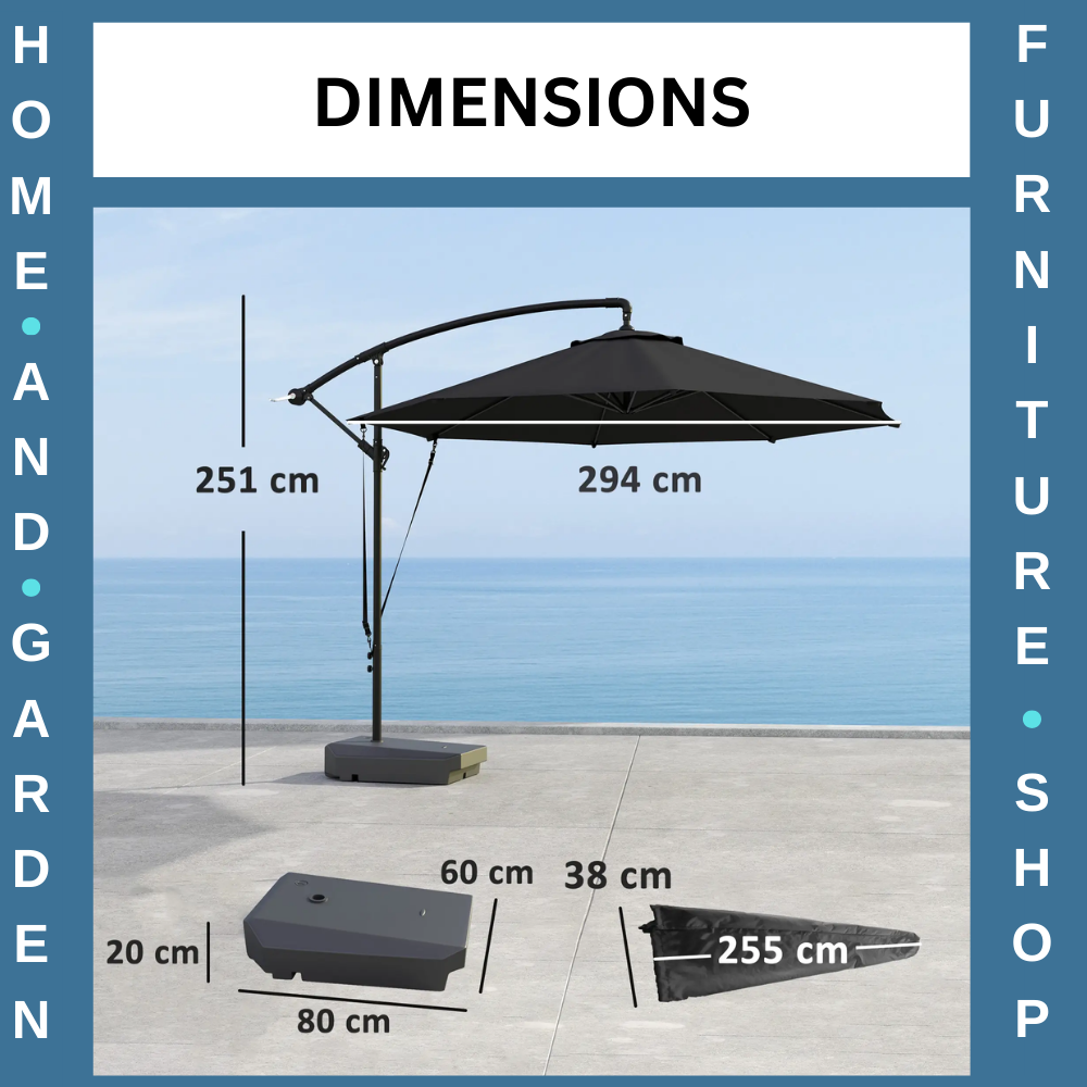 3m Garden Cantilever Parasol Fillable Base Wind Strap Cover Banana Umbrella Grey