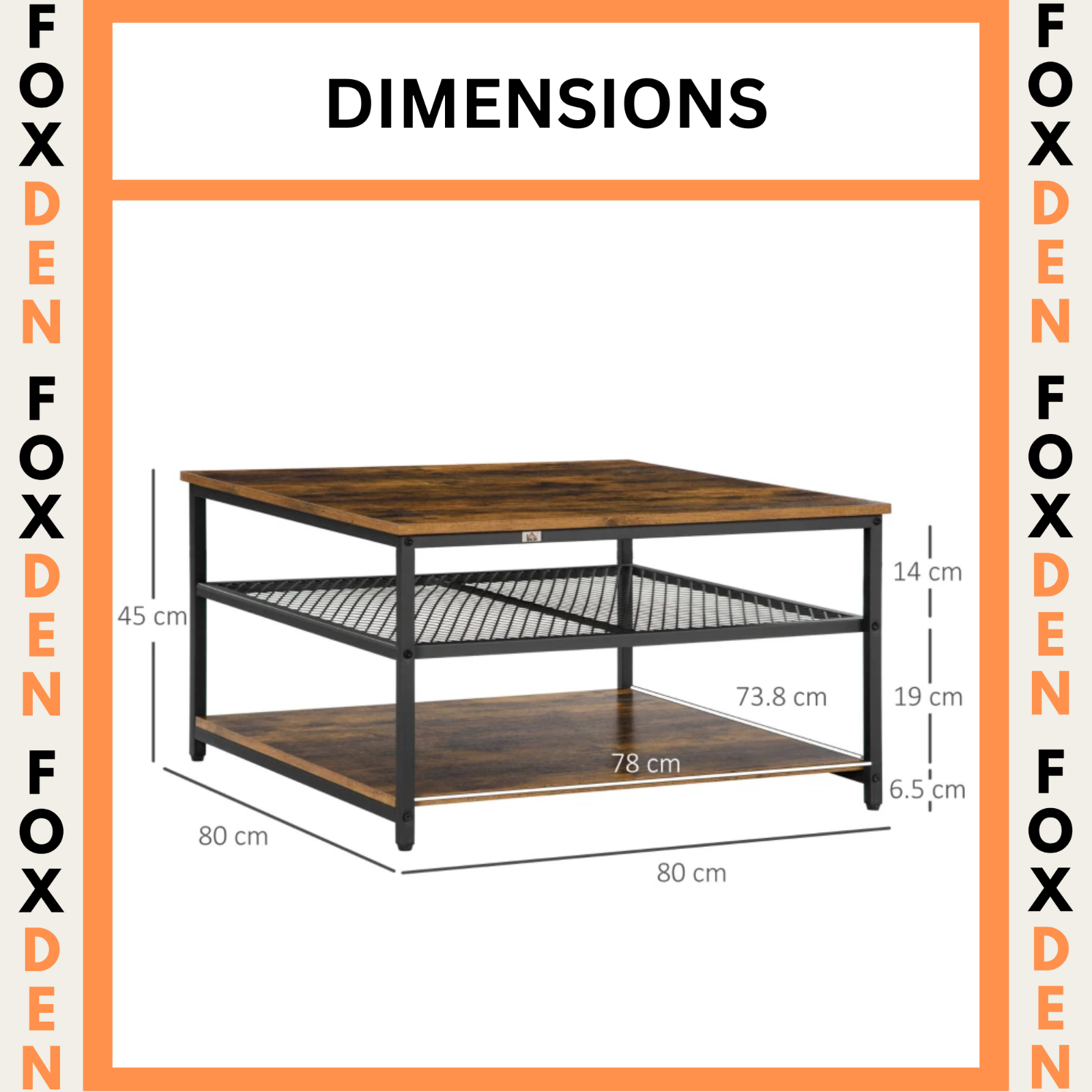 Industrial Square Coffee Table Storage Shelf End Table for Living Room Furniture