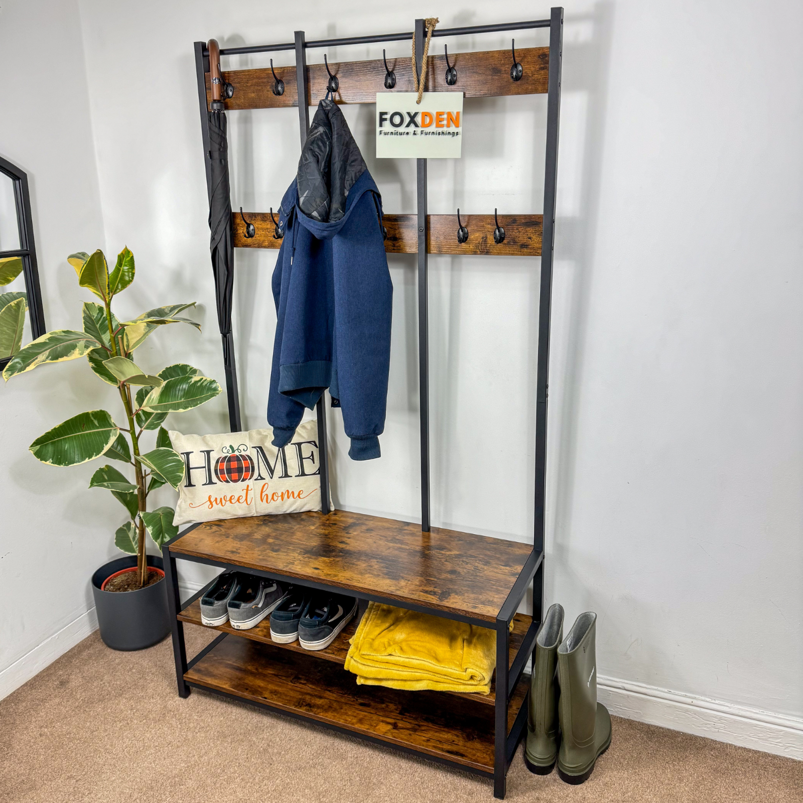 Large Rustic Coat Rack With Seat Shoe Rack Hall Tree Entryway Shoe Bench Shelves
