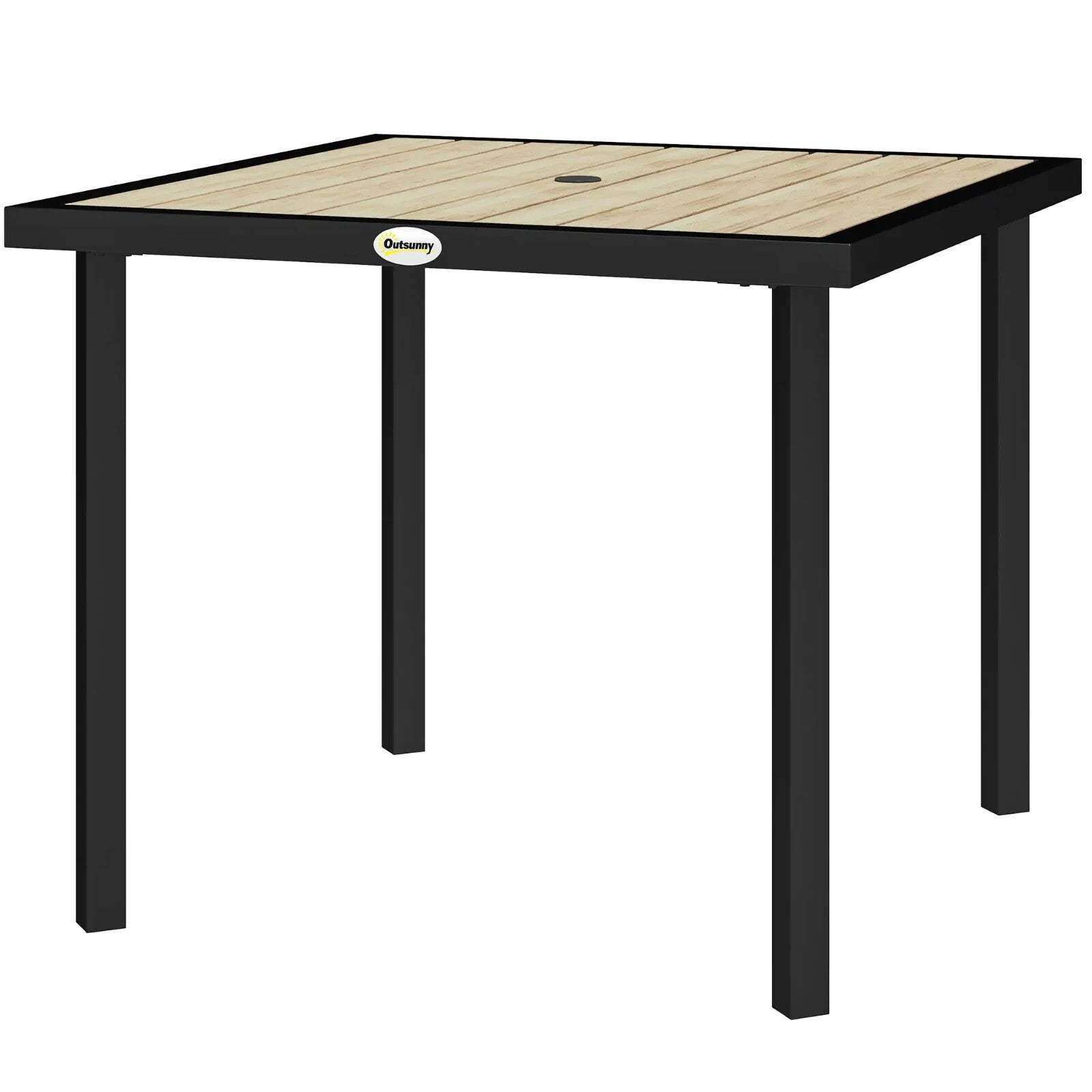 Outdoor Garden Dining Table Square Metal Frame Slatted Top With Parasol Hole