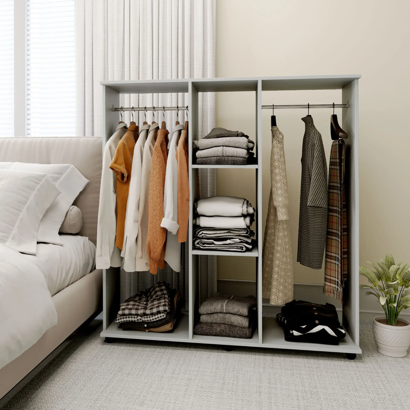Mobile Open Wardrobe Clothes Hanging Rail Storage Shelves Metal Rail on 6 Wheels