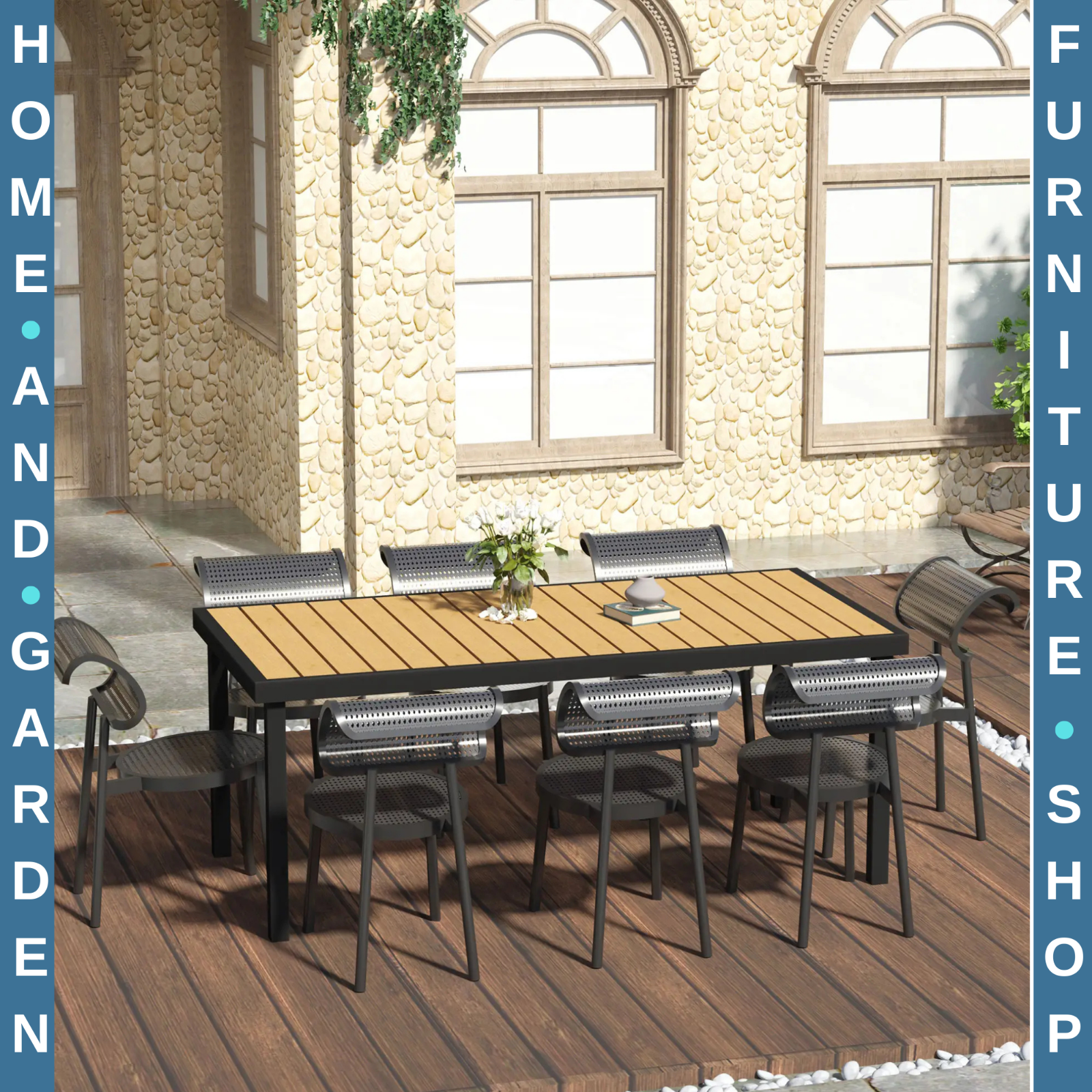 Garden Dining Table for 8 People 190 x 90 x 74 cm Aluminium Frame Faux Wood Top