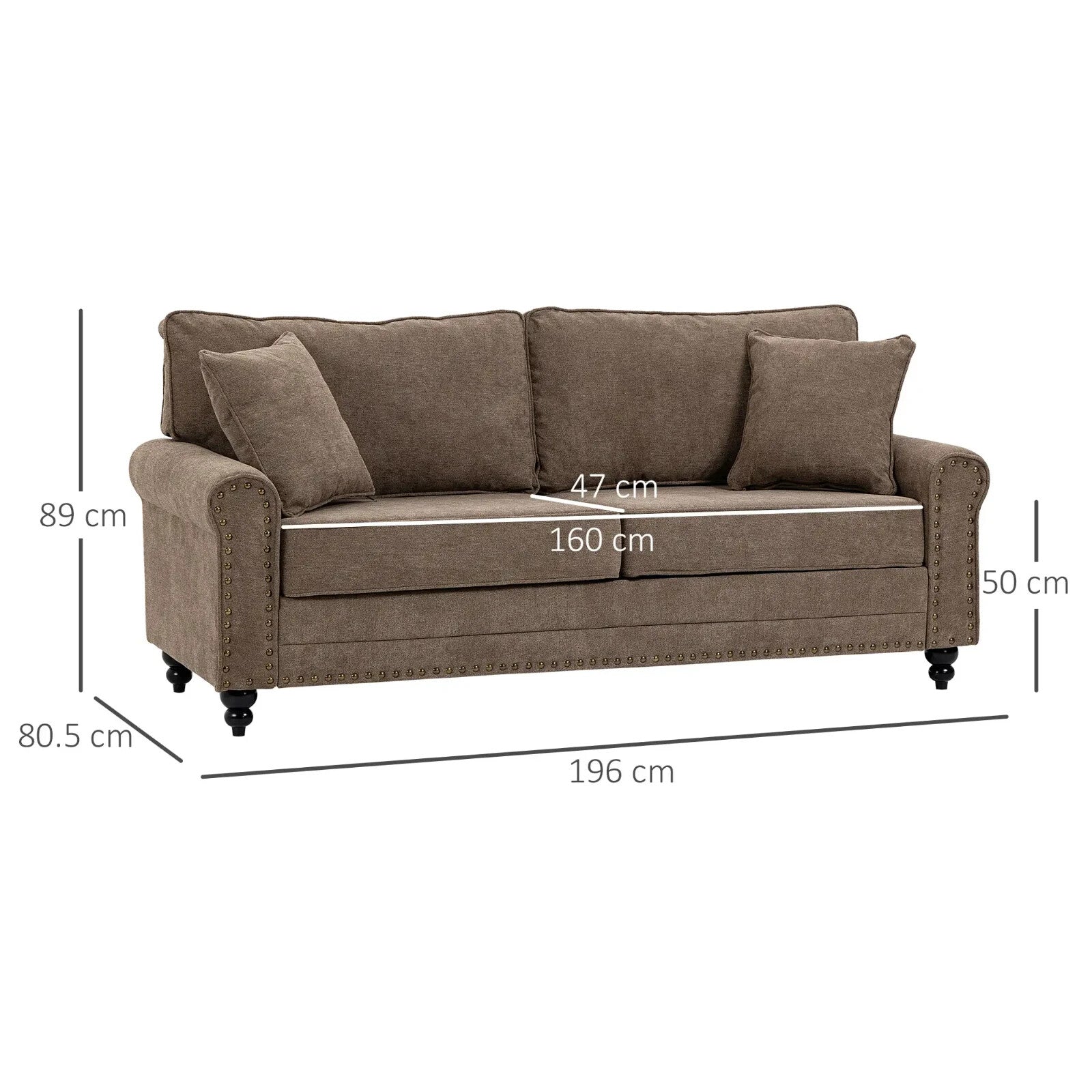 Brown 3 Seater Fabric Sofa for Living Room Settee Throw Pillow Thick Comfy Seats