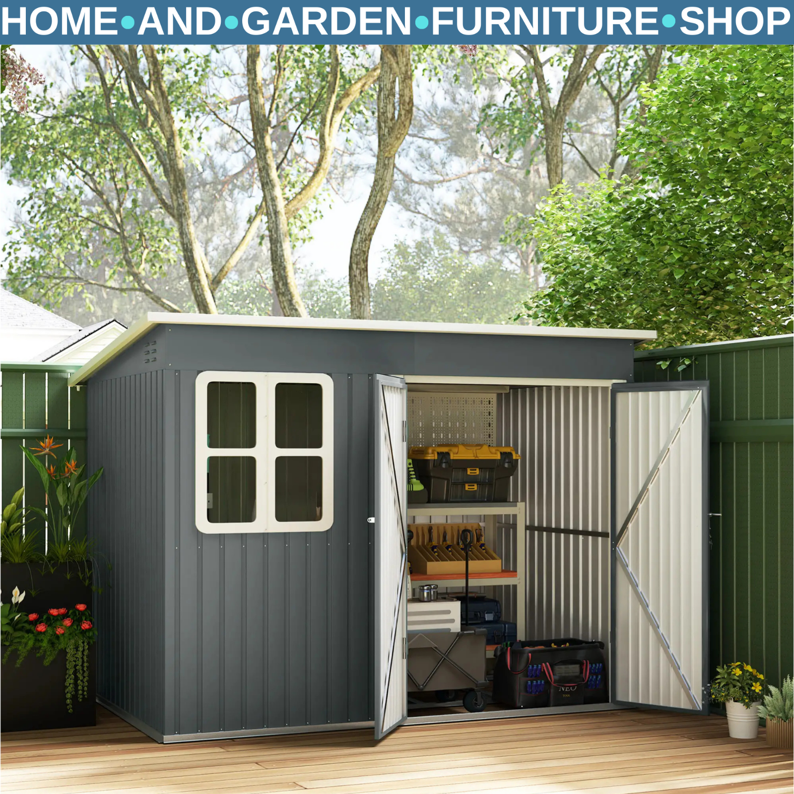 8.5 x 6ft Metal Garden Storage Shed with Window Lockable Doors Foundation Kit