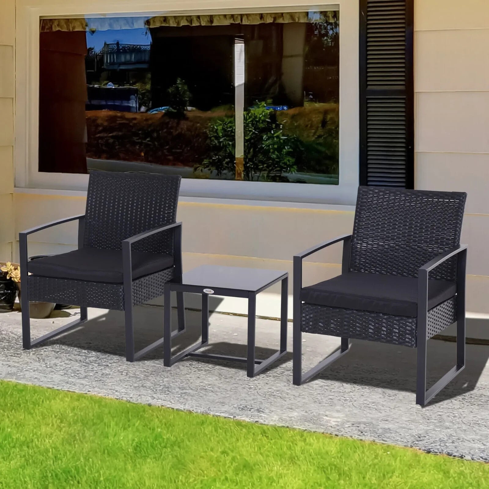 3PCs Patio Rattan Garden Bistro Set Coffe Table 2 Chairs Metal Outdoor Furniture