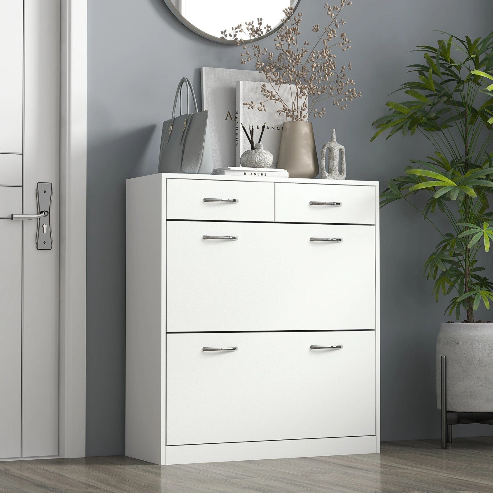 Narrow Shoe Storage Cabinet with 2 Flip Drawers Slim Entryway Shoe Cupboard Unit