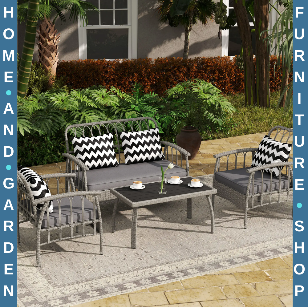 4 Piece Rattan Garden Furniture Set w/ Adjustable Back Loveseat & Outdoor Chairs