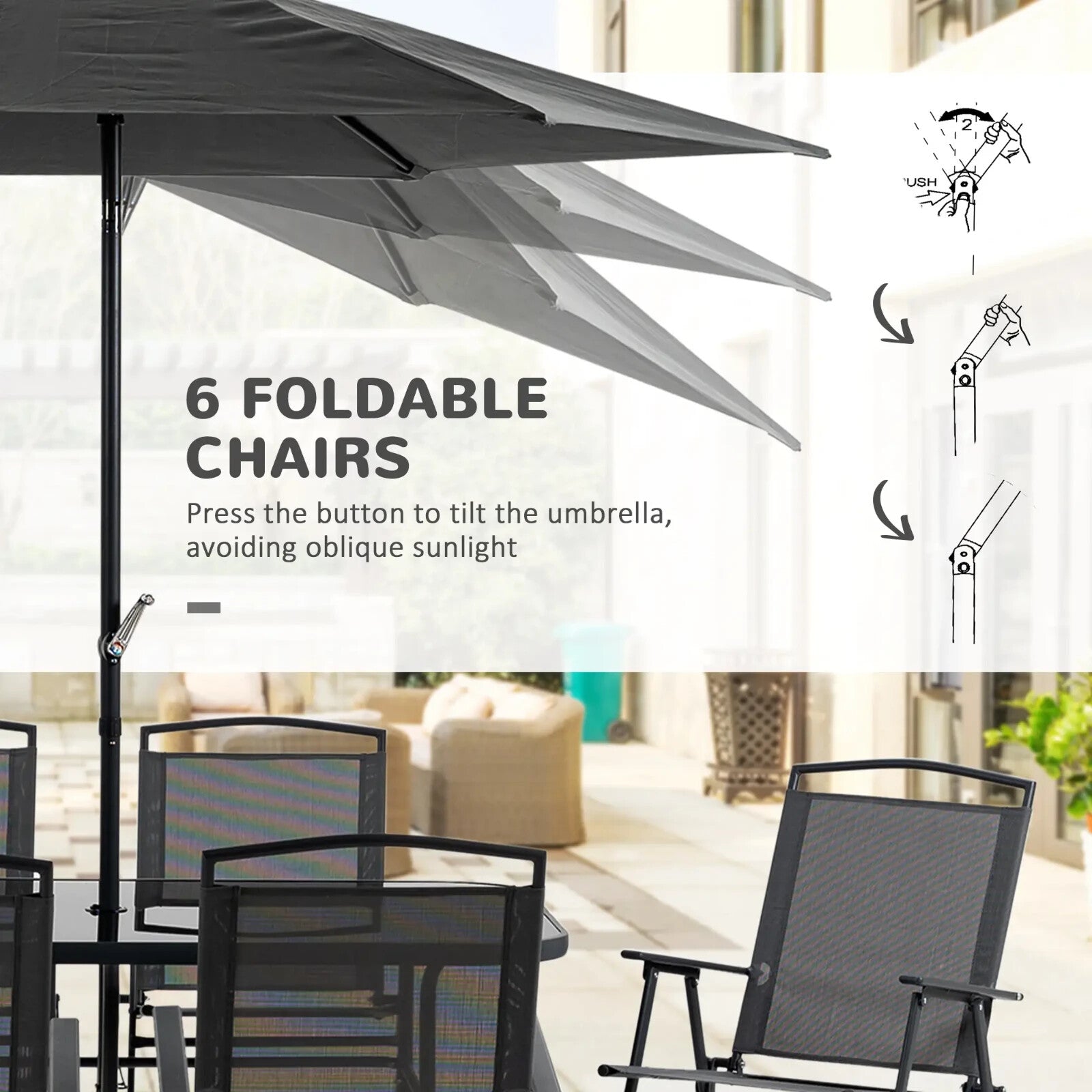 8 Pcs Metal Garden Furniture Set with Parasol Folding Chairs and 6 Seater Table