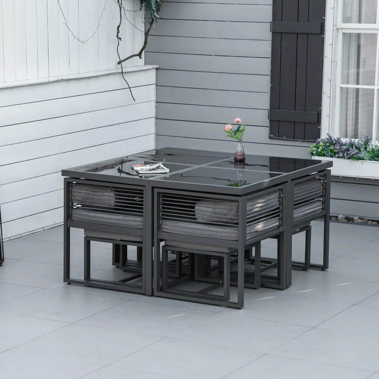 9PC Garden Dining Cube Set Table Chairs Stools w/ Cushions Outdoor Furniture