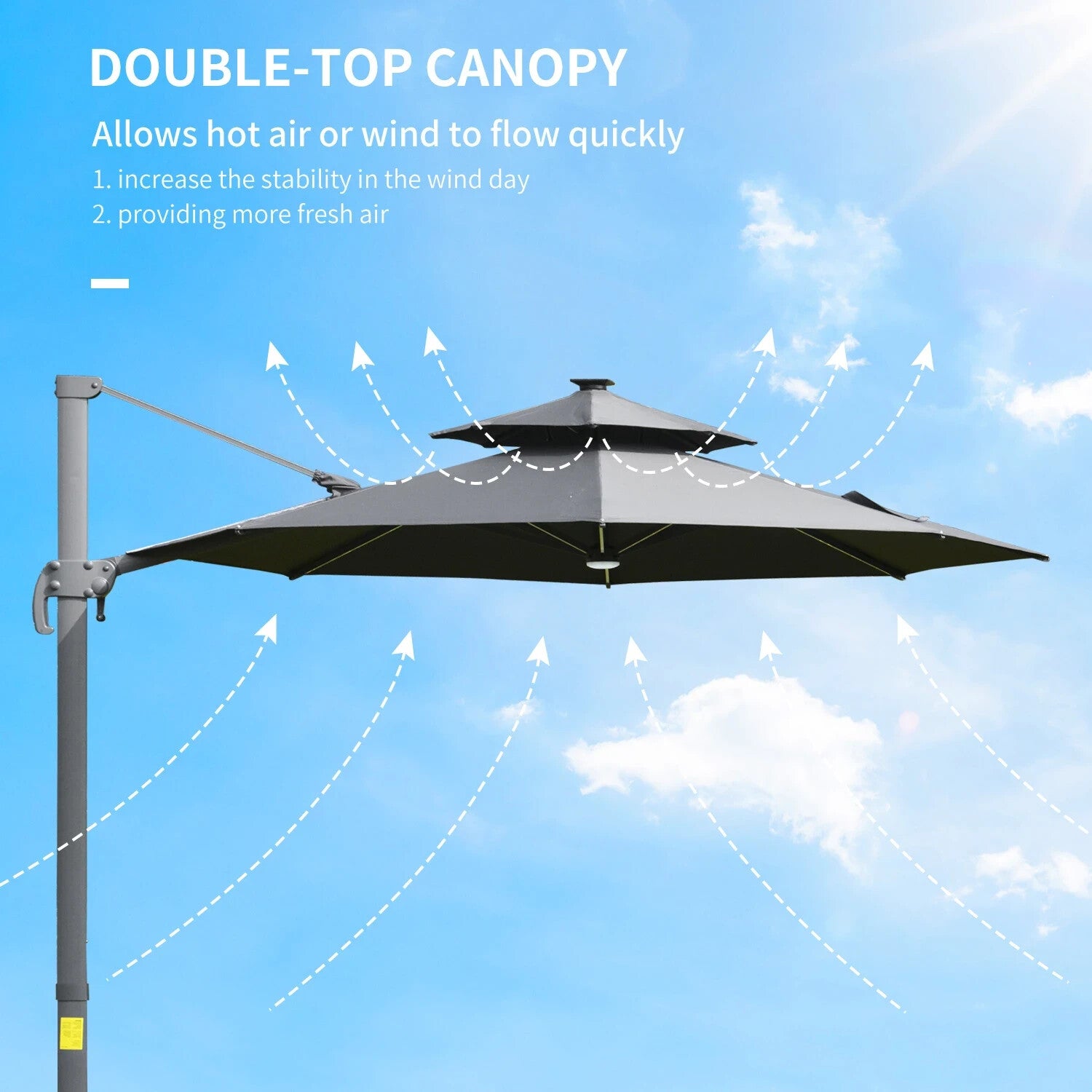 3m Cantilever Garden Parasol with LED Lights, Power Bank and 360° Rotating Base