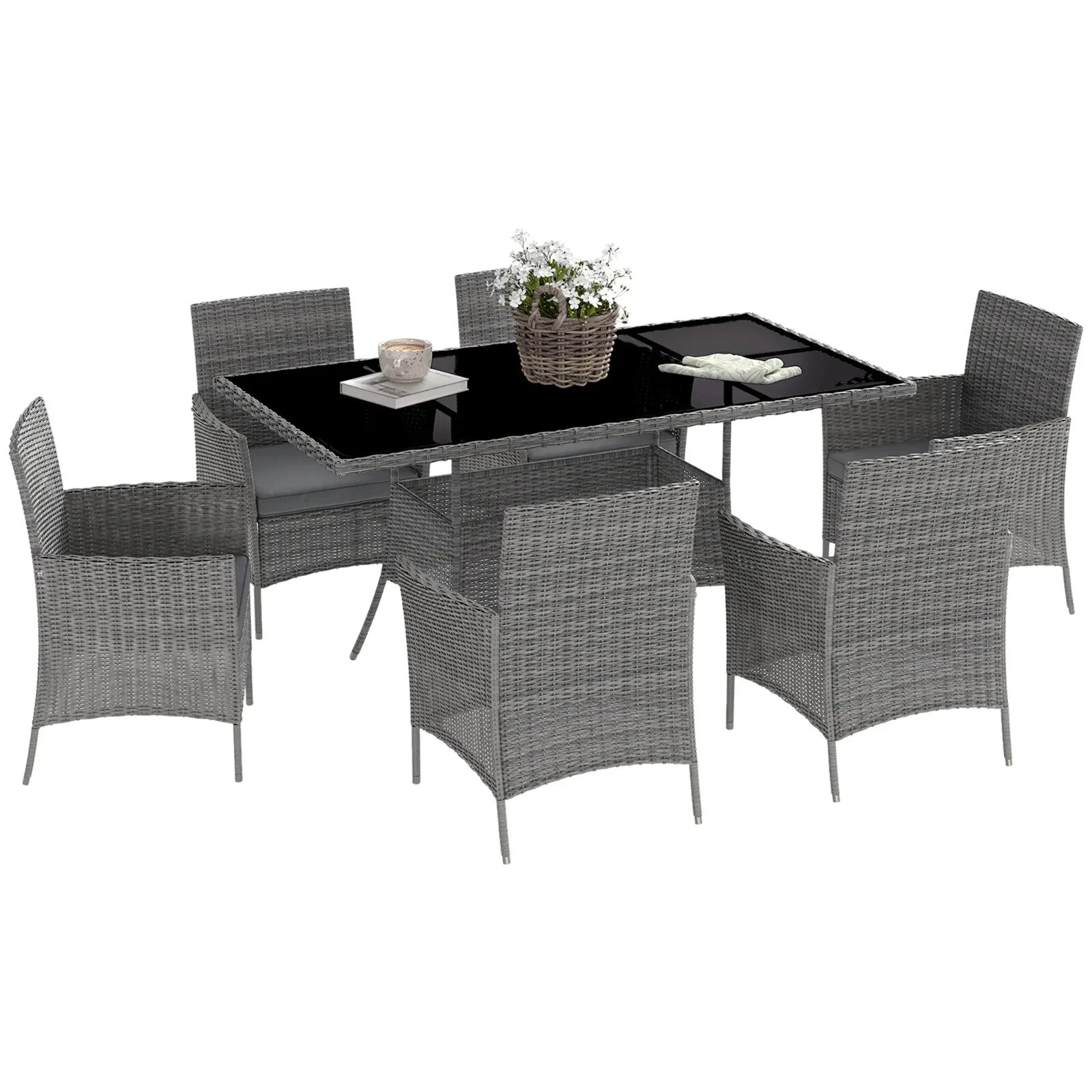7 Piece Rattan Garden Furniture Set with Cushions 6 Seater Dining Table & Chairs