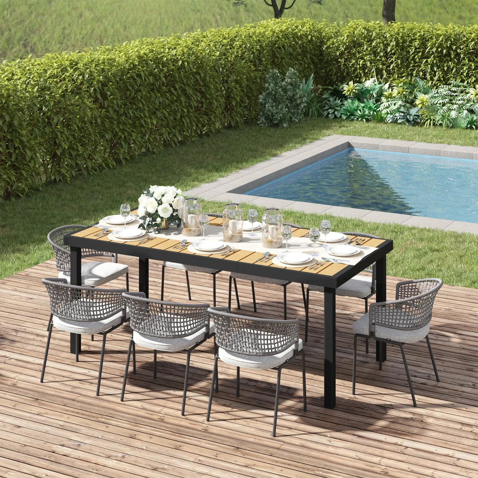 Garden Dining Table for 8 People 190 x 90 x 74 cm Aluminium Frame Faux Wood Top