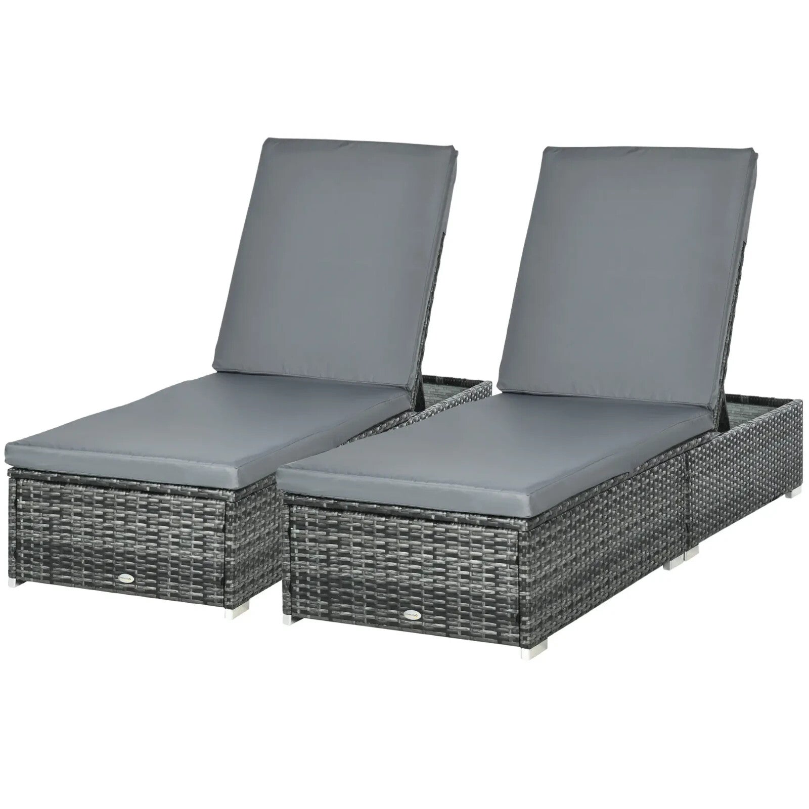 Set of 2 PE Rattan Sun Loungers with  5-Level Recliner Backrest and Cushion Grey