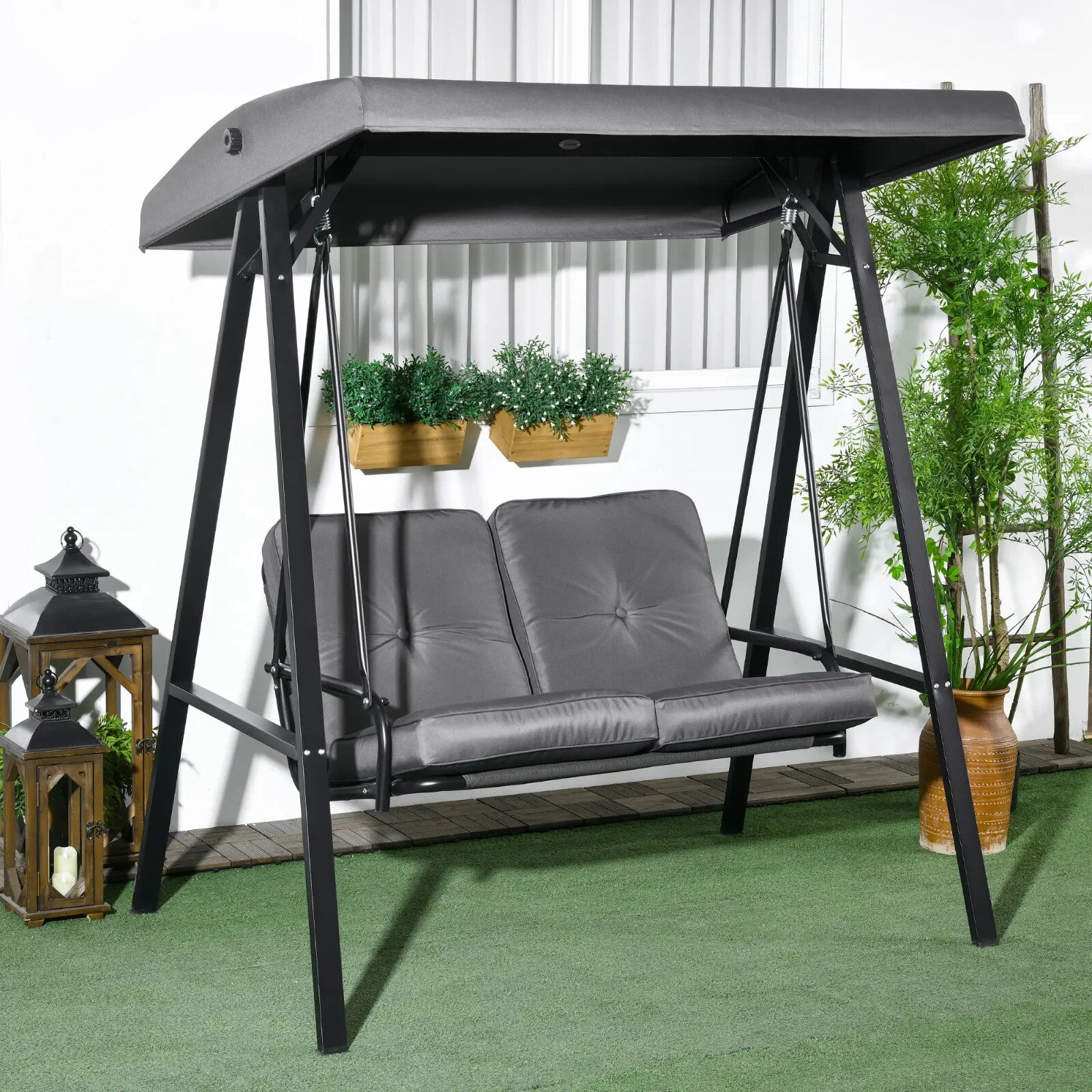 Grey 2 Seater Garden Outdoor Swing Chair Hammock Adjustable Canopy Patio Bench