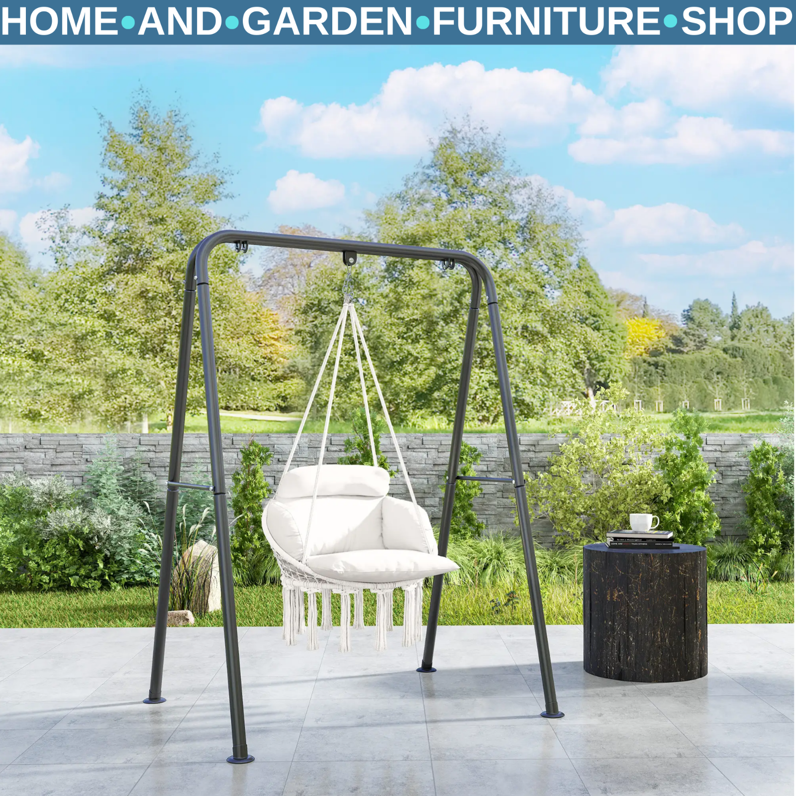 Hammock Hanging Chair Rope Swing with Padded Cushion & Adjustable Chain Cream