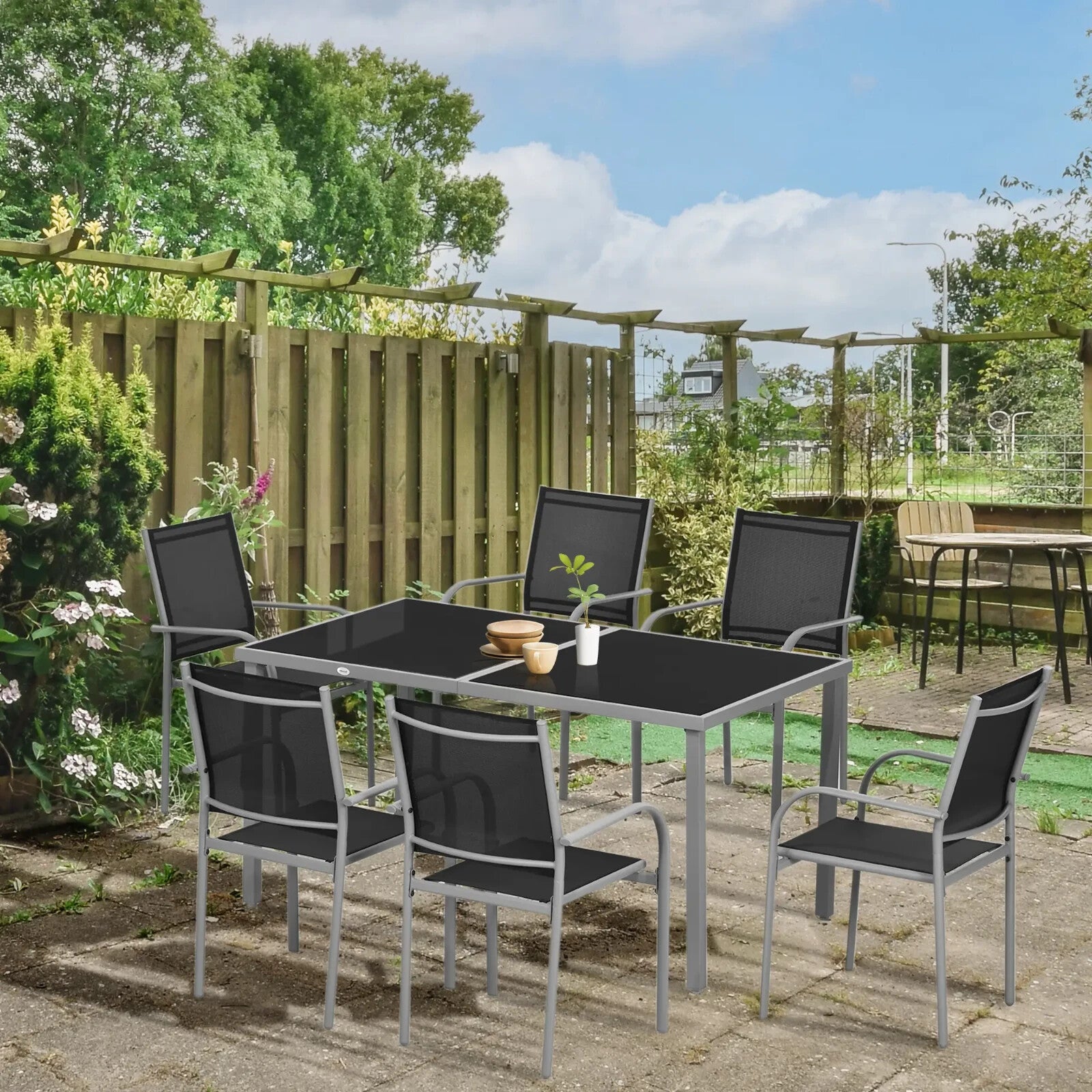 7 Piece Garden Dining Set with Glass Table and 6 Stackable Mesh Chairs Outdoor