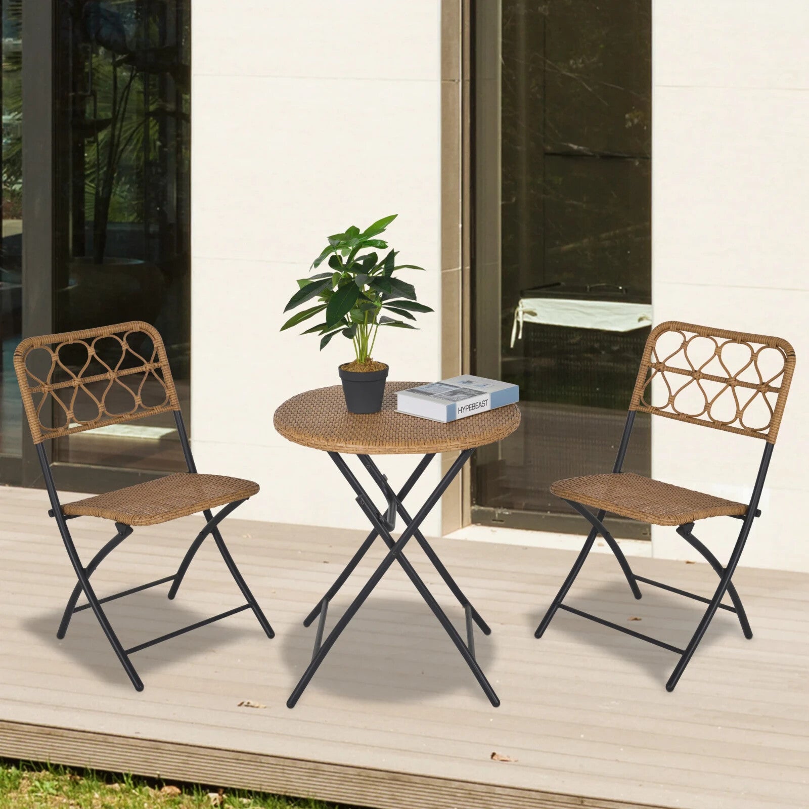3-Piece Folding Rattan Wicker Bistro Set – Coffee Table and Chairs