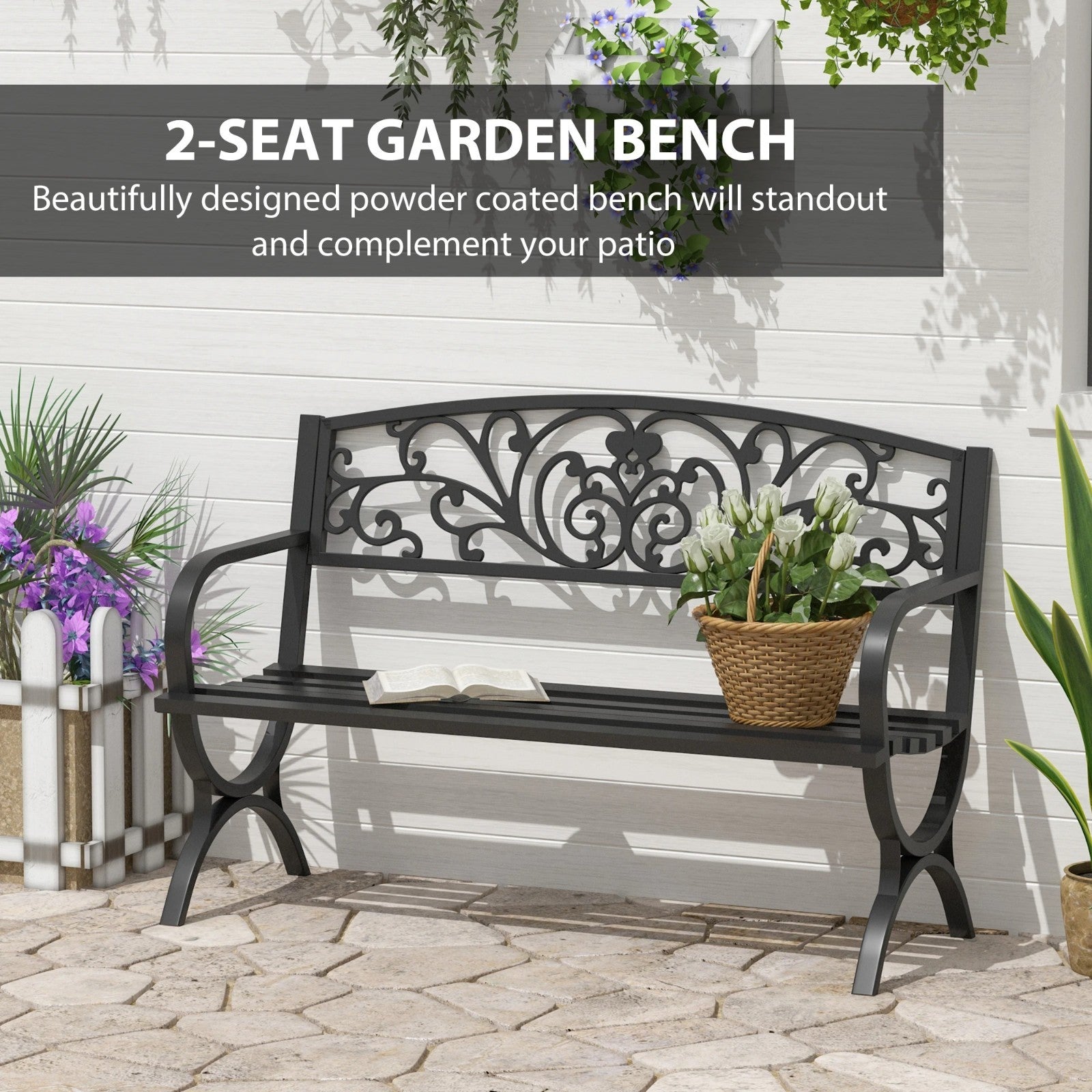 2 Seater Black Metal Garden Bench Seat Outdoor Seating Chair Patio Furniture New