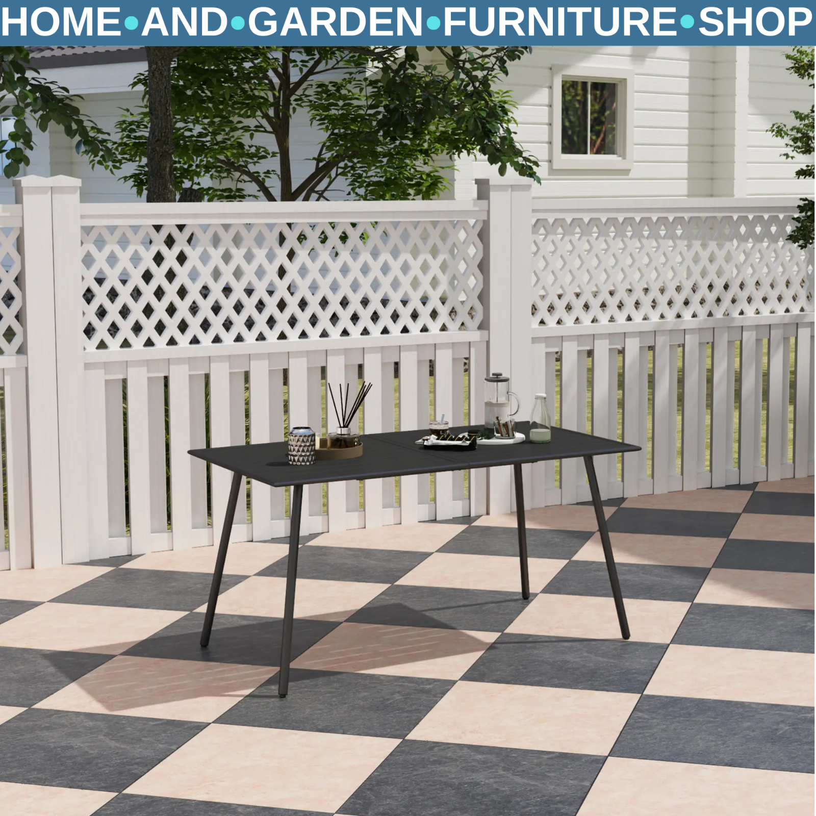 Metal Outdoor Table Black Garden Dining Table for 6 People Slat Top Steel Frame