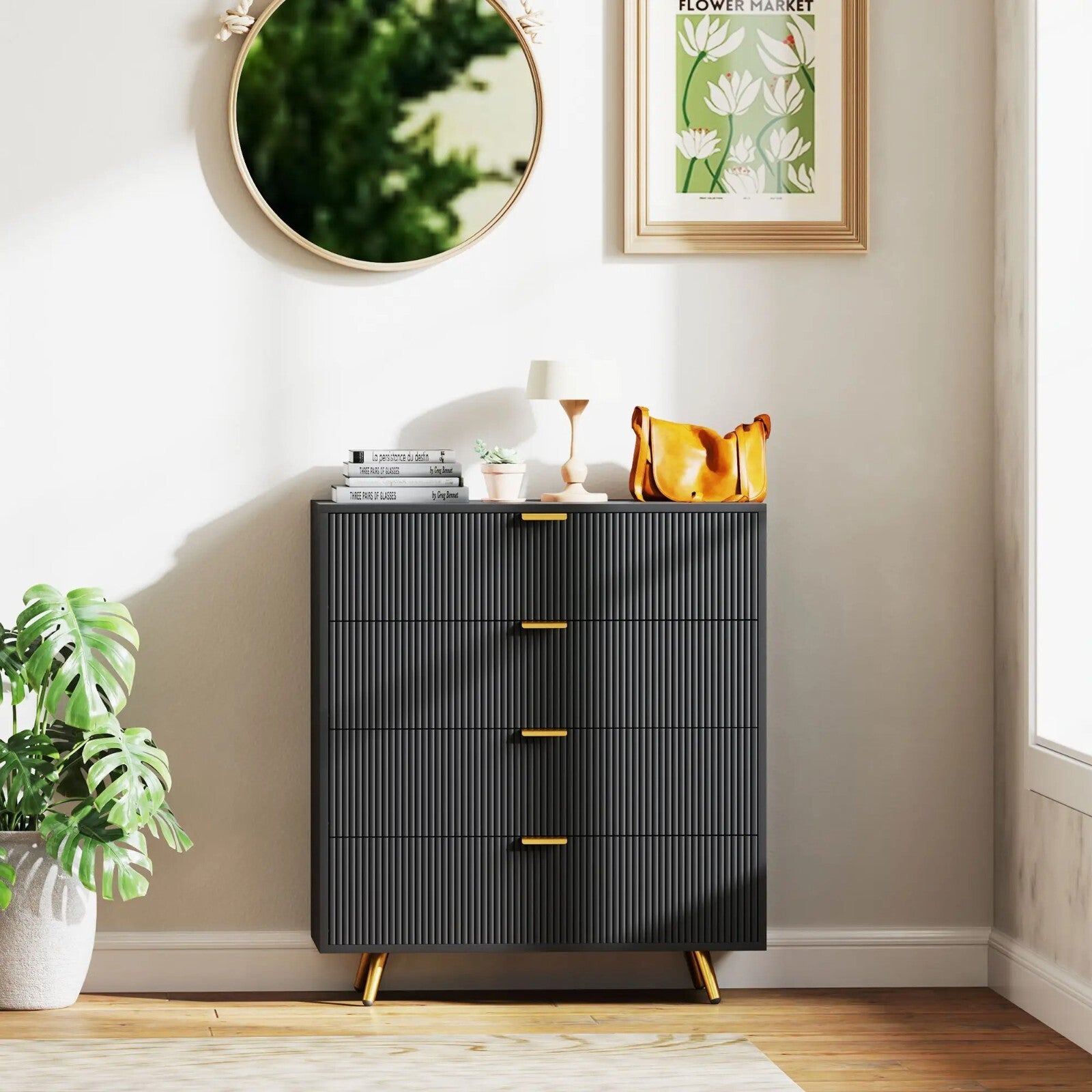 Chest of Drawers Black 4 Drawer Chest Drawers Bedroom Storage Art Deco Gold Legs