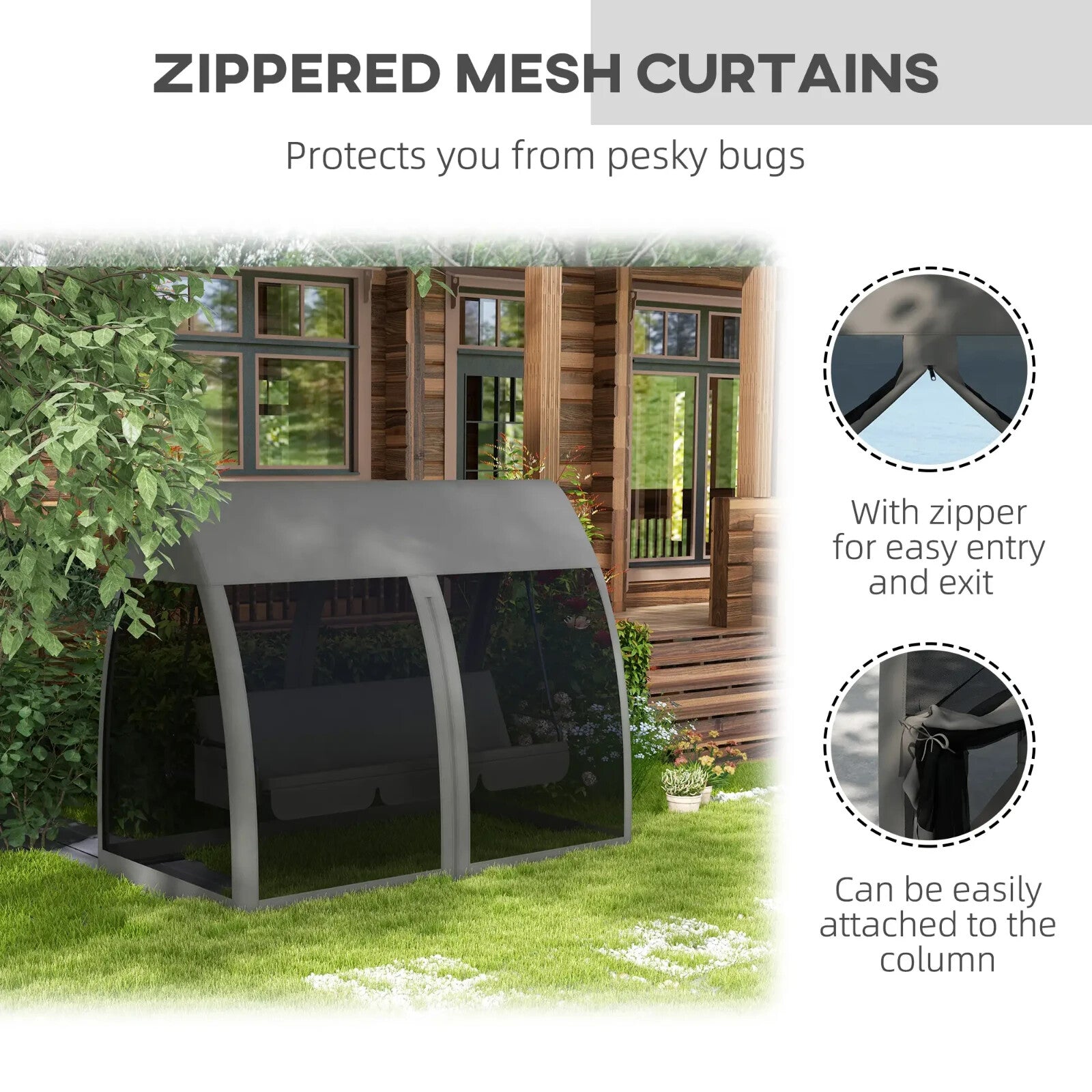 Hammock Swing Bench 3-Seater UV-Resistant Powder Coated with Mesh Canopy Grey