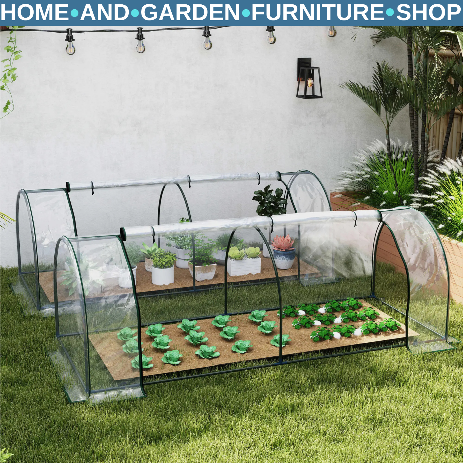 Set of 2 PVC Tunnel Greenhouses 250 x 100 x 80cm w/ Roll Up Door for Garden Use