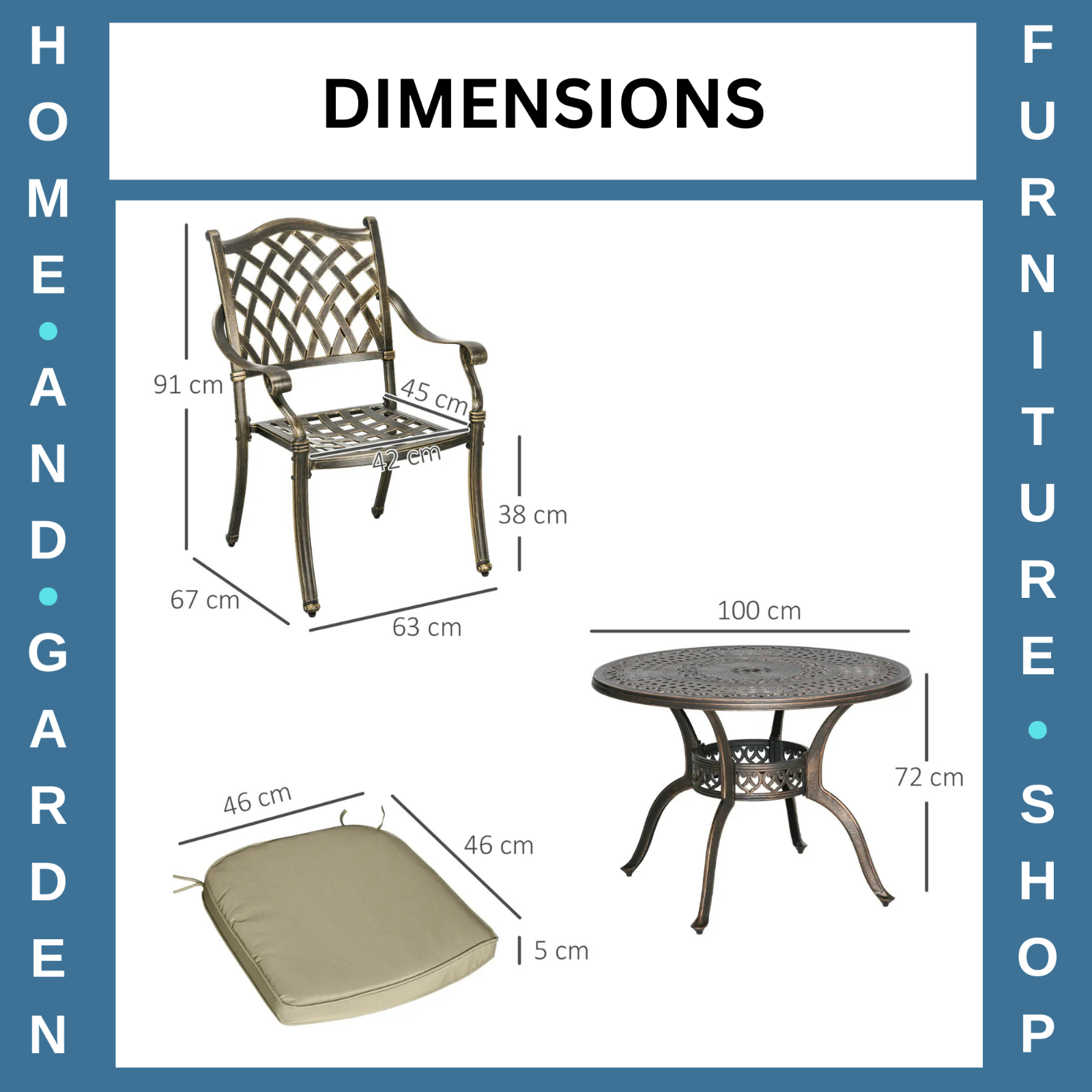 4 Seater Antique Cast Aluminium Garden Dining Set with Cushions and Parasol Hole
