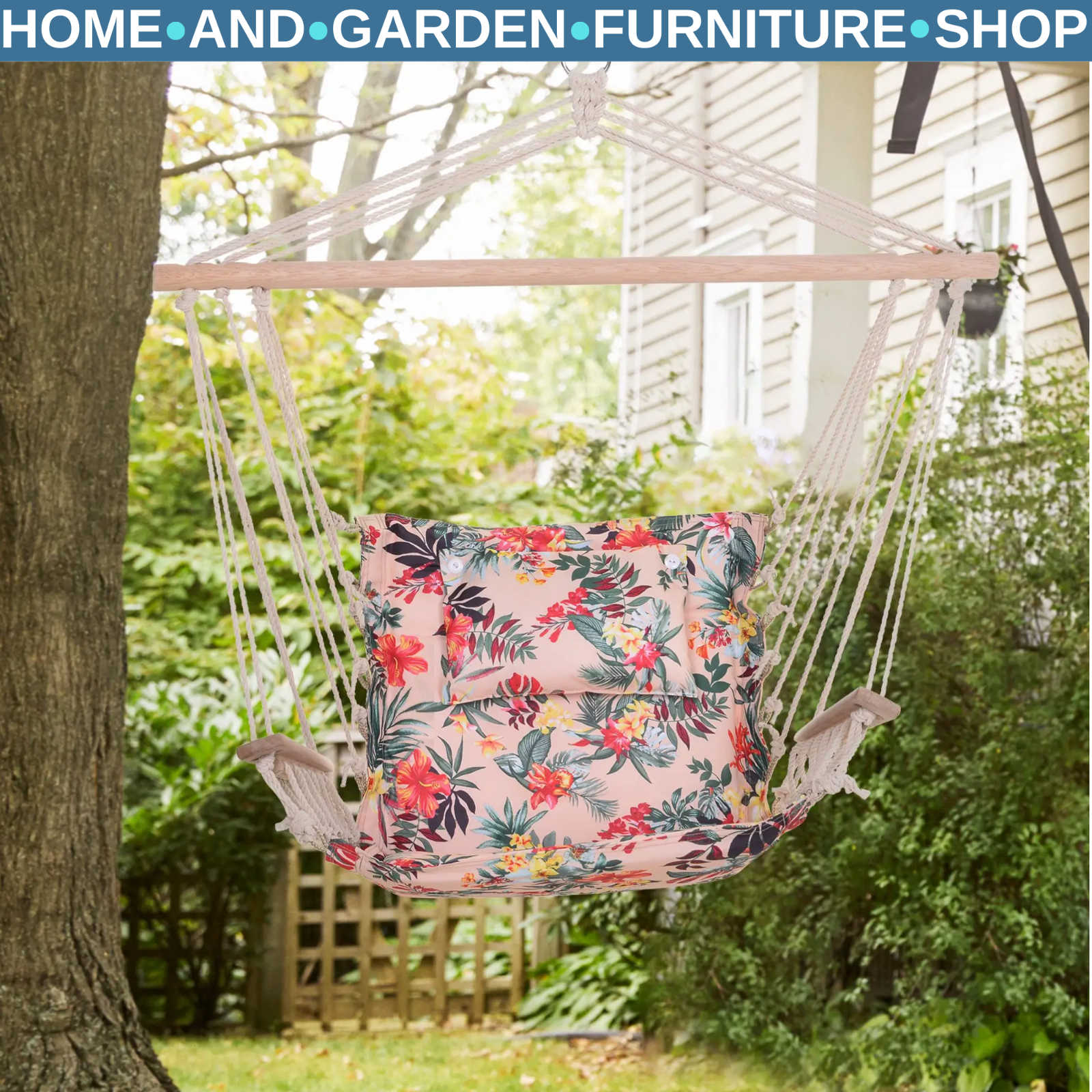 Hammock Hanging Chair Thick Rope Swing with Padded Cushion Multi-Colour Floral