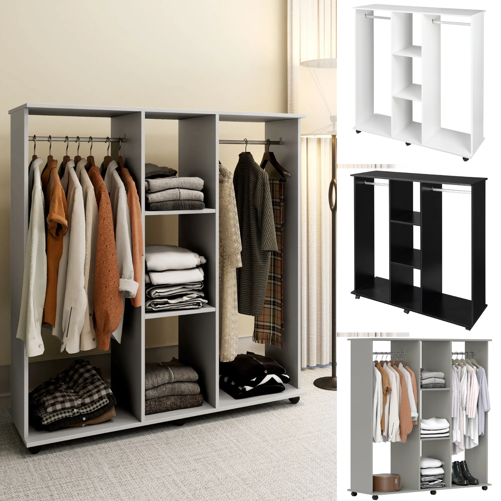 Mobile Open Wardrobe Clothes Hanging Rail Storage Shelves Metal Rail on 6 Wheels
