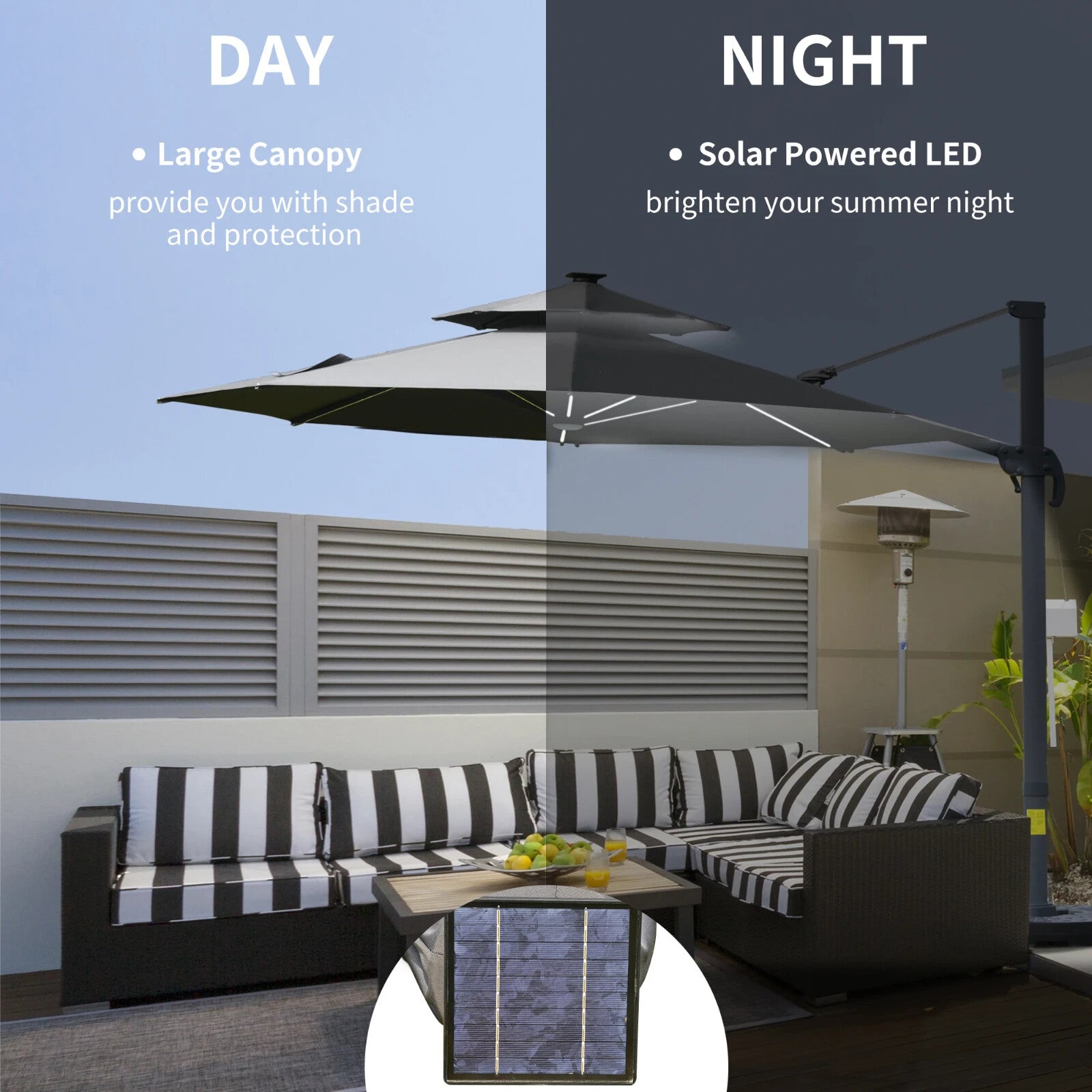 3m Cantilever Garden Parasol with LED Lights, Power Bank and 360° Rotating Base