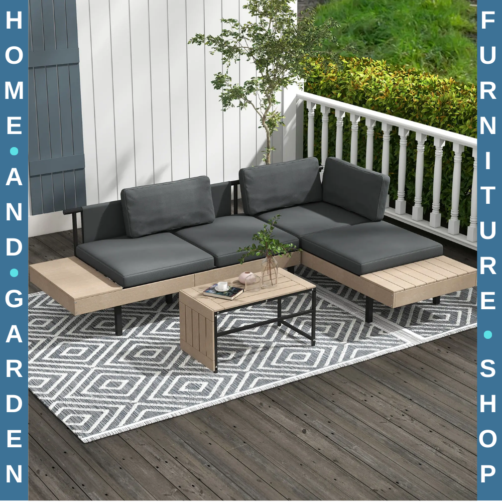 3 Piece L Shaped Garden Sofa Set with Cushions & Table HDPE Patio Furniture Grey