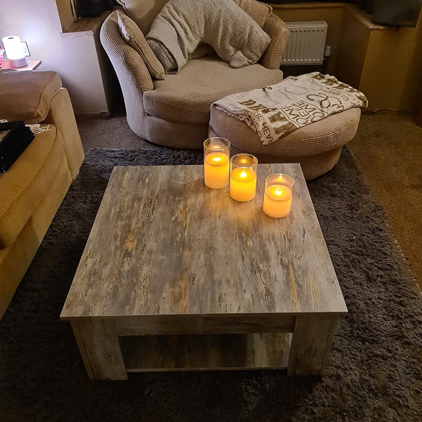 Grey Square Coffee Table with Shelf End Console Table Living Room Storage Table