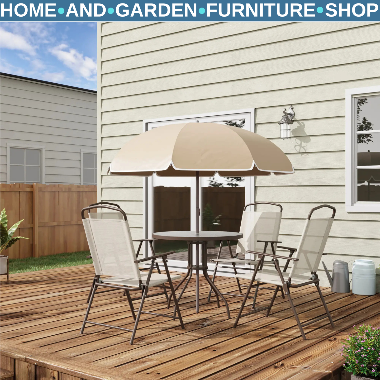 6 Piece Garden Furniture Set Folding Chairs Table and Parasol for Patio Cream