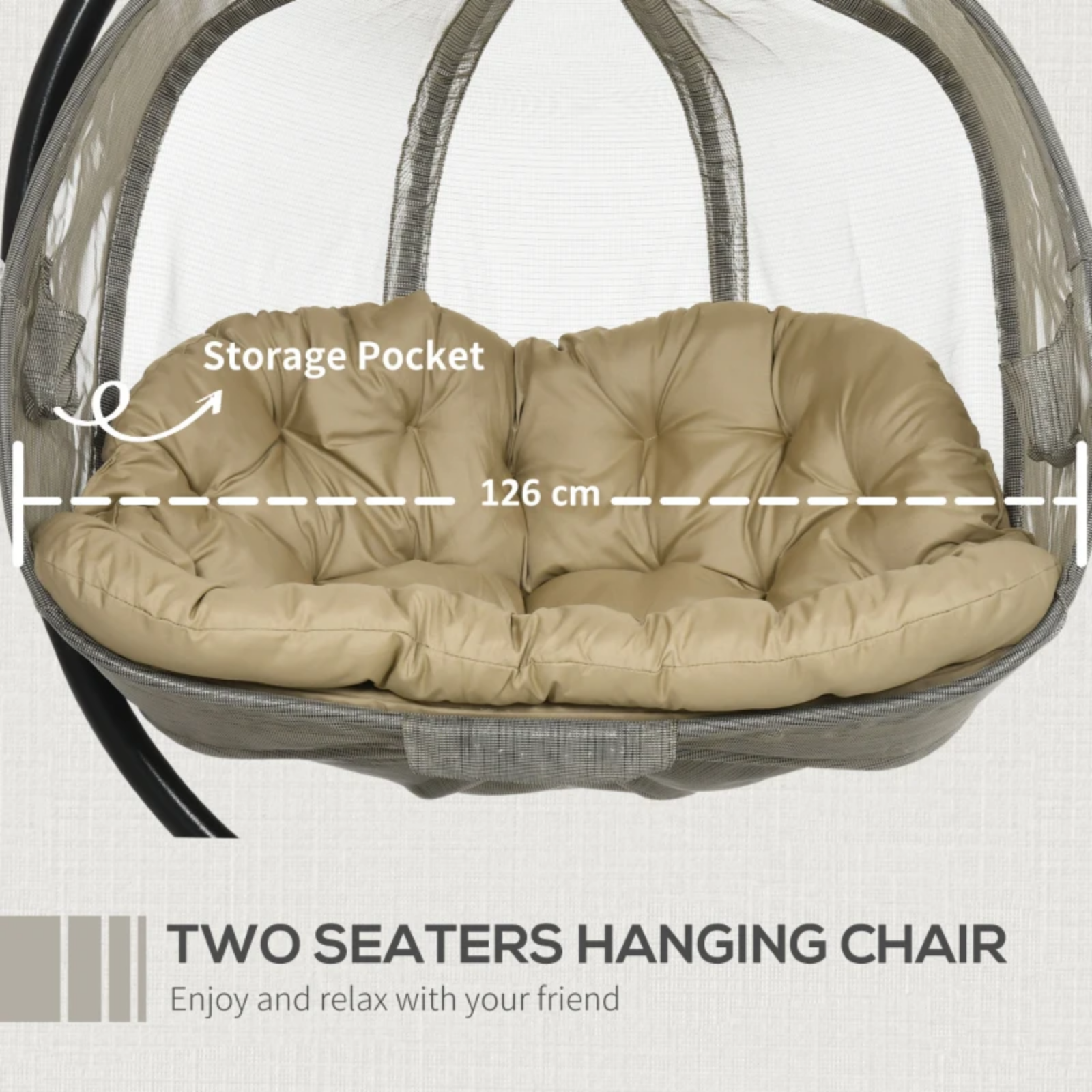 Double Hanging Egg Chair 2 Seater Swing Hammock Cocoon Cushion Side Phone Holder