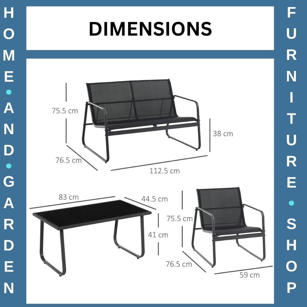 4 Piece Garden Furniture Set with Sofa Chairs & Glass Table Patio Seating Black