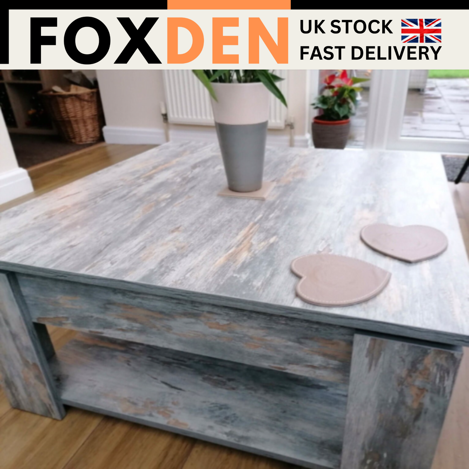 Grey Square Coffee Table with Shelf End Console Table Living Room Storage Table