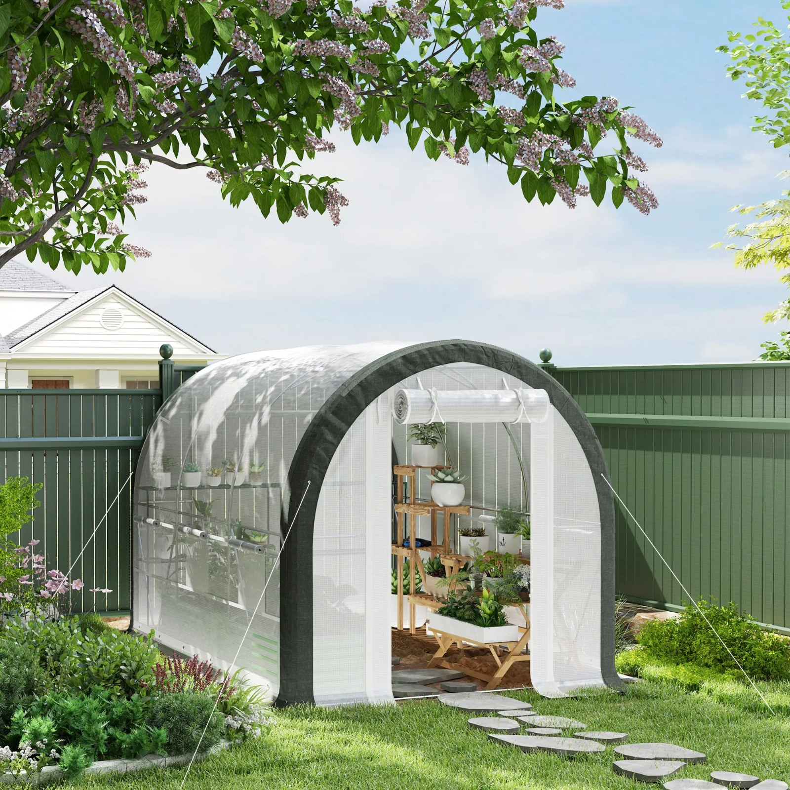 Walk in Tunnel Greenhouse Tent Steel Frame Garden Grow House Mesh Door & Windows