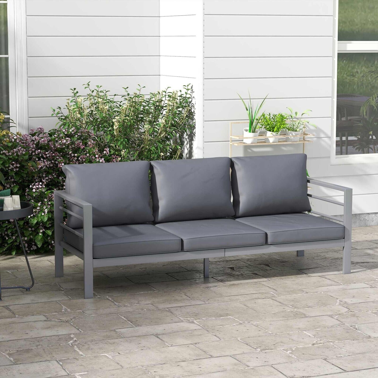 Grey 3 Seater Metal Garden Bench Large Outdoor Patio Sofa Set Lounger Cushions