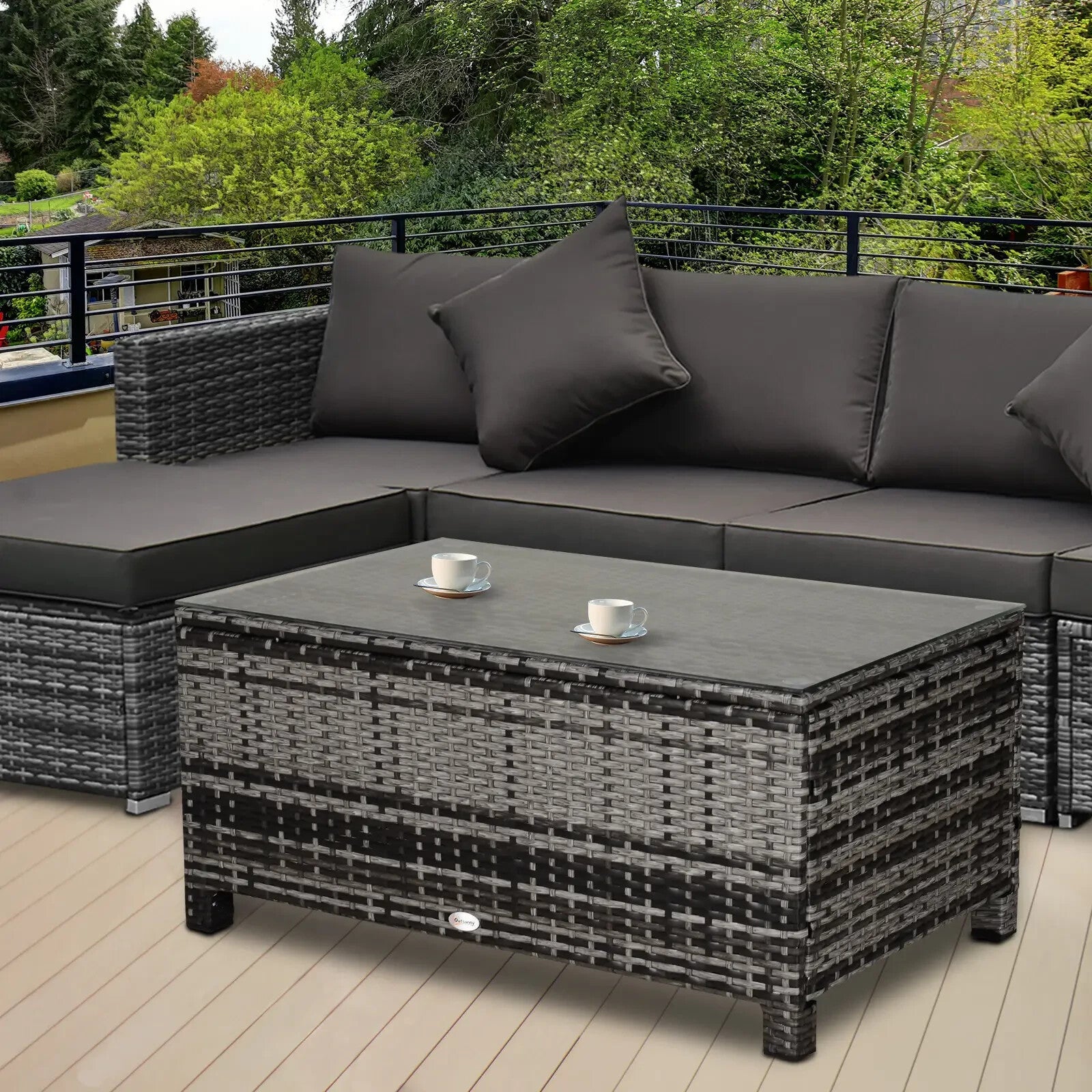 Rattan Garden Coffee Table with Tempered Glass Top Outdoor Patio Furniture Grey