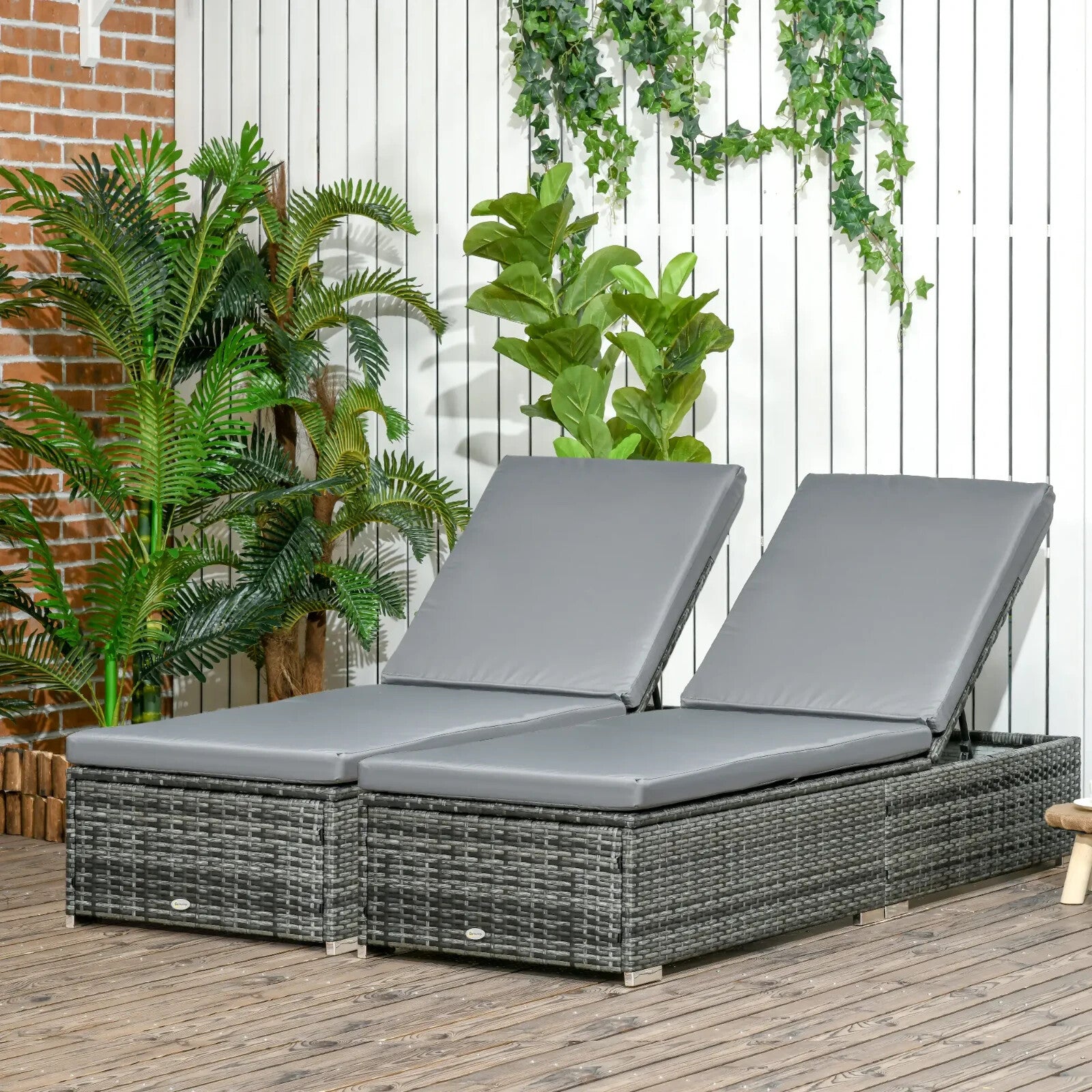 Set of 2 PE Rattan Sun Loungers with  5-Level Recliner Backrest and Cushion Grey