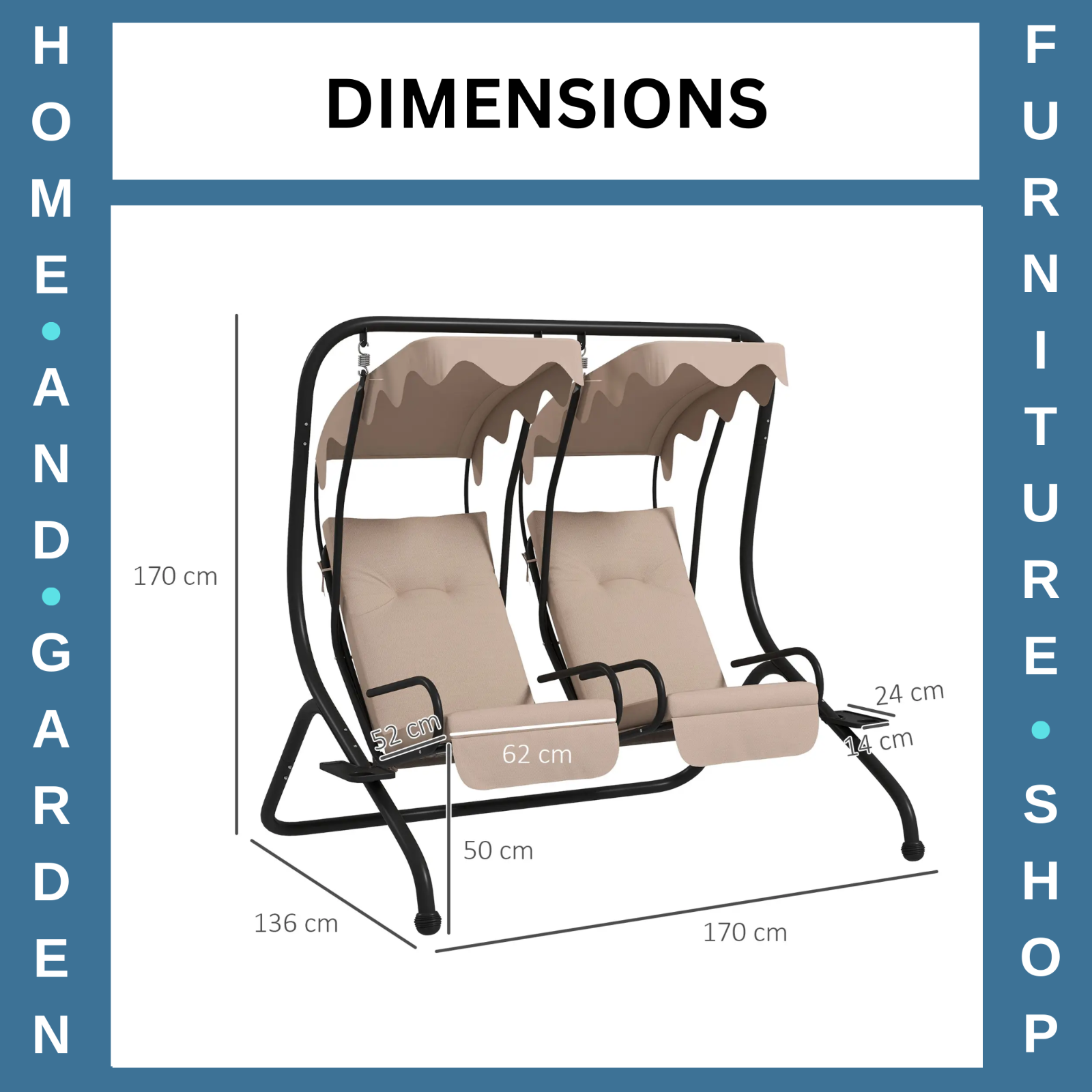 Hammock Swing Bench 2-Seater Weather-Resistant with Adjustable Canopy Beige