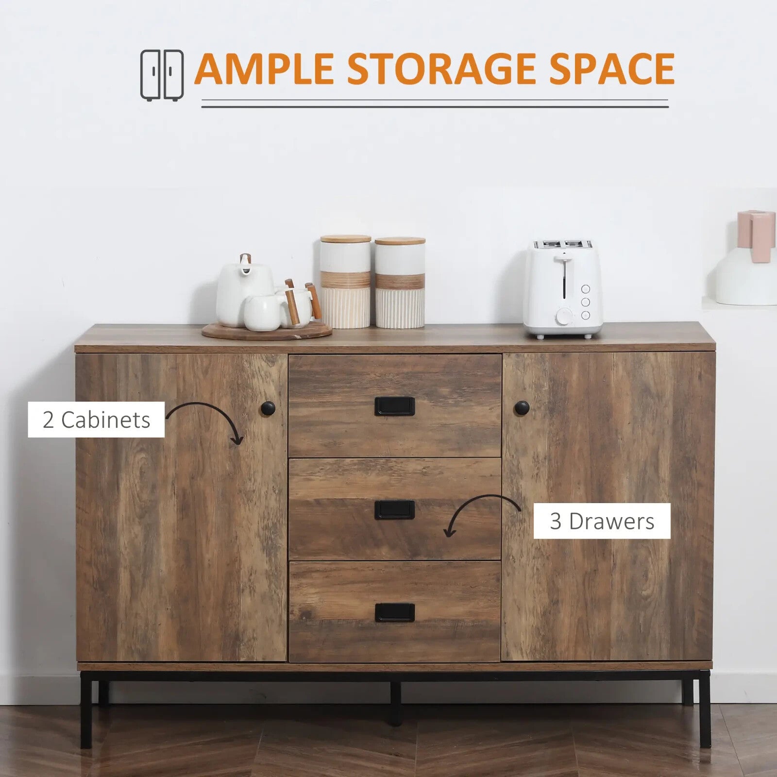 Large Industrial Sideboard Storage Cabinet Vintage Cupboard Drawers Metal Legs