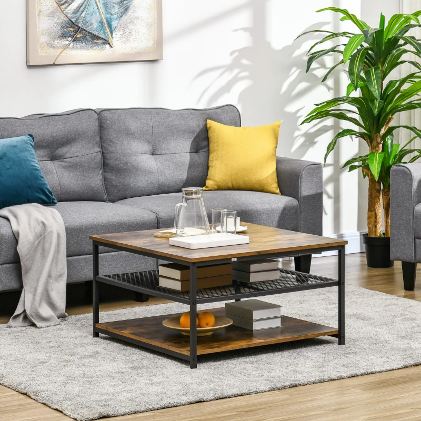 Industrial Square Coffee Table Storage Shelf End Table for Living Room Furniture