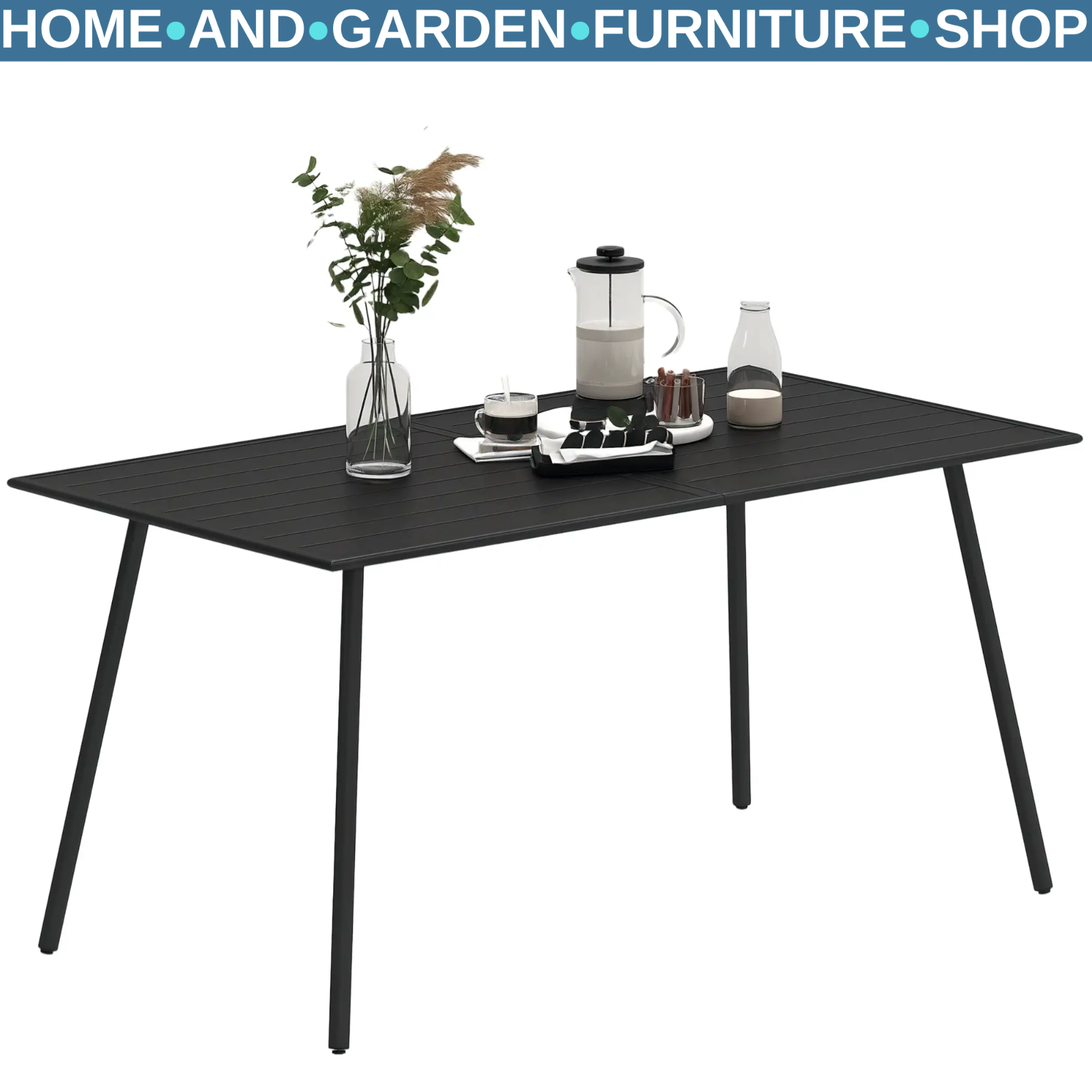 Metal Outdoor Table Black Garden Dining Table for 6 People Slat Top Steel Frame