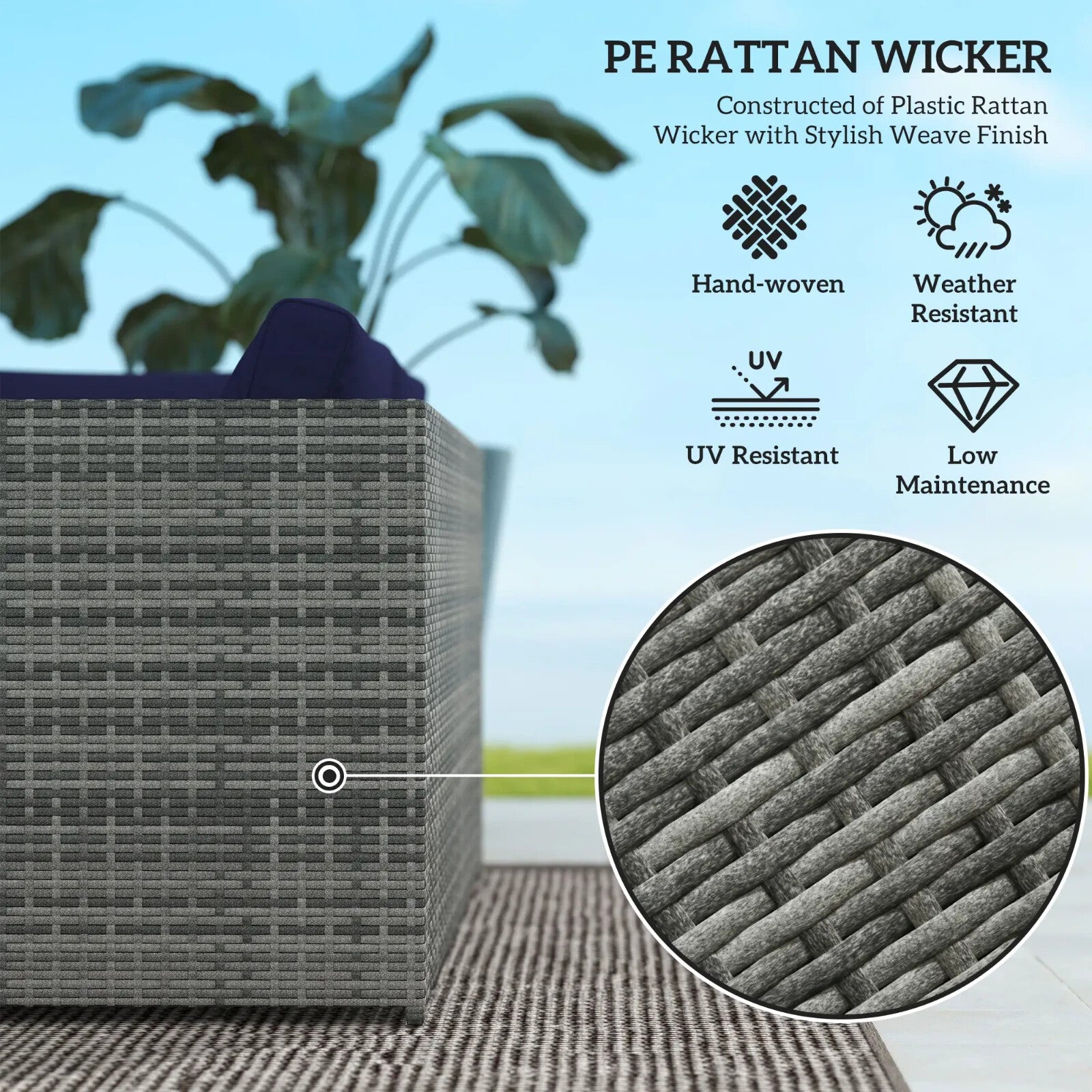 3 Piece Rattan Garden Furniture Set w/Cushion 4 Seater Corner Sofa & Glass Table