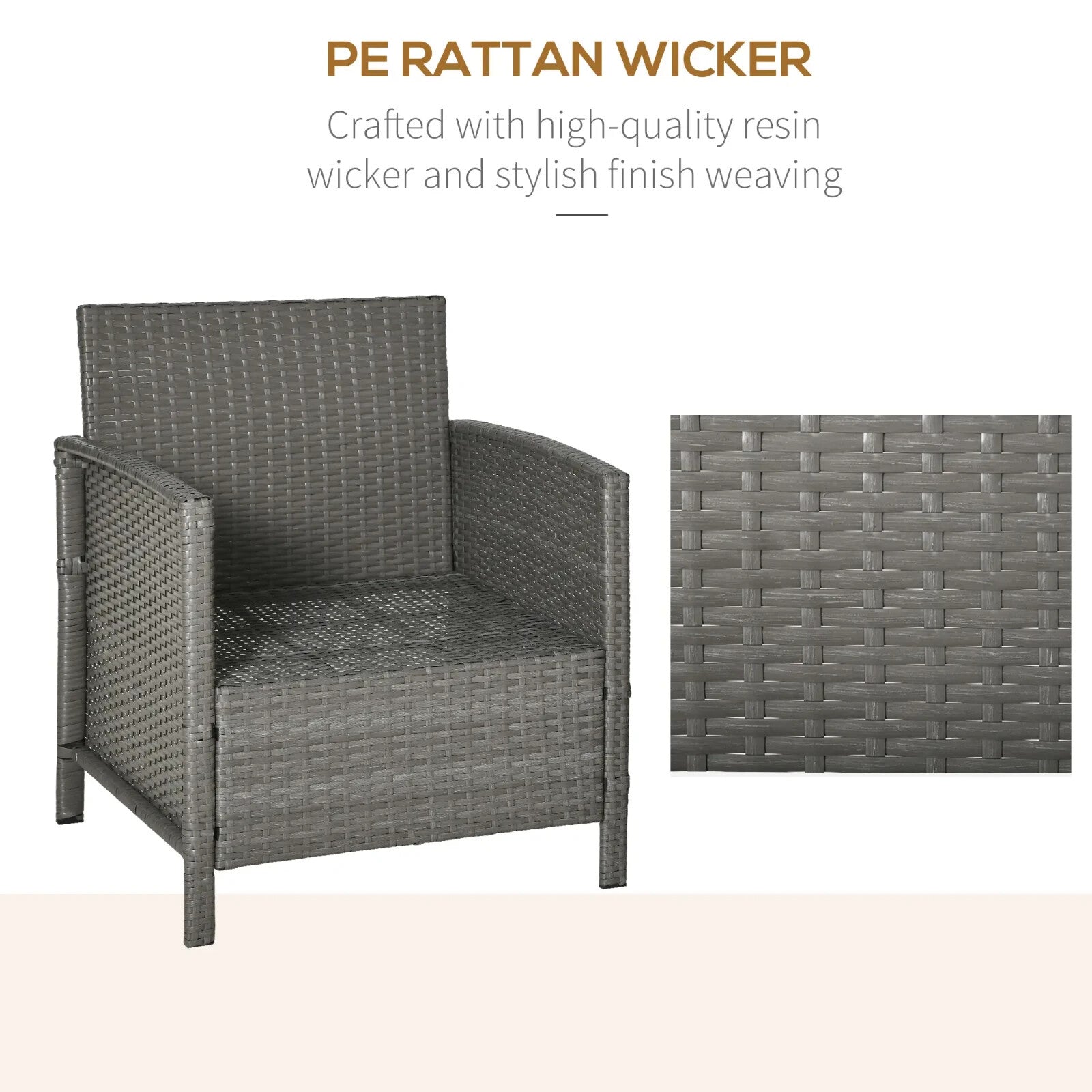 3 Piece Rattan Garden Bistro Set with Sofa Chair and Table Furniture Light Grey