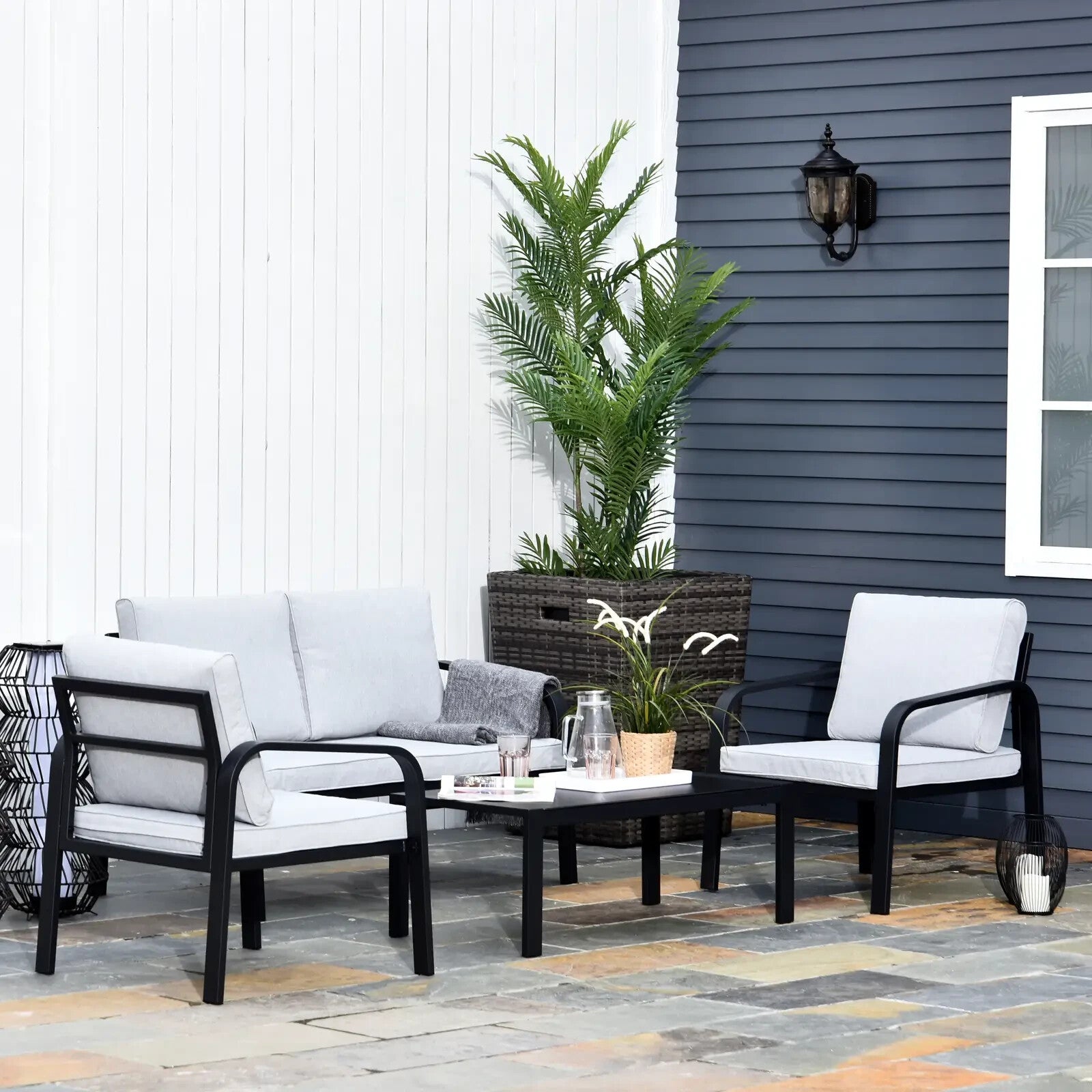 4 Piece Aluminium Garden Dining Set with Sofa Chairs Glass Table and Cushions