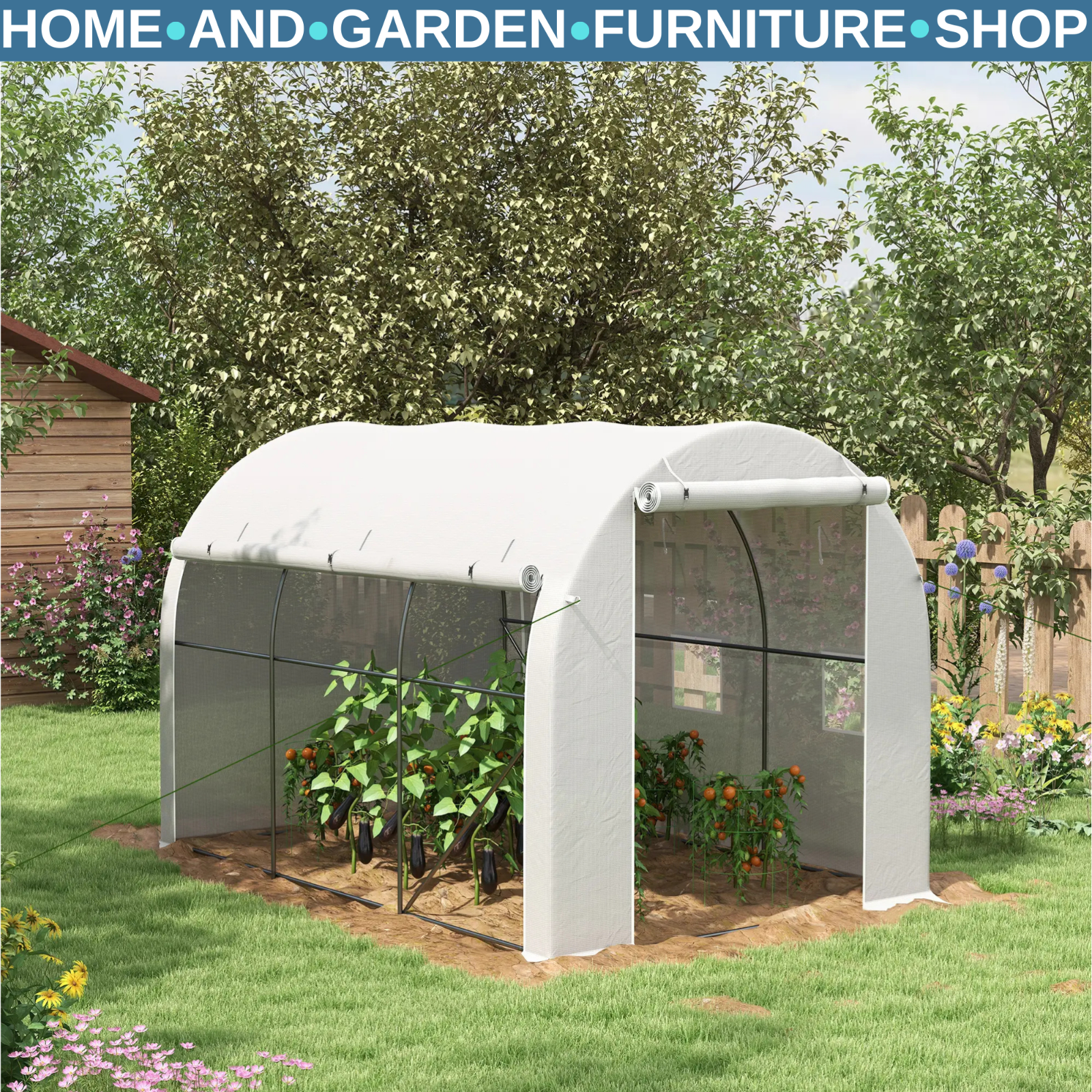 3 x 2 m Walk-In Polytunnel Greenhouse with PE Cover, Mesh Windows & Zipped Door