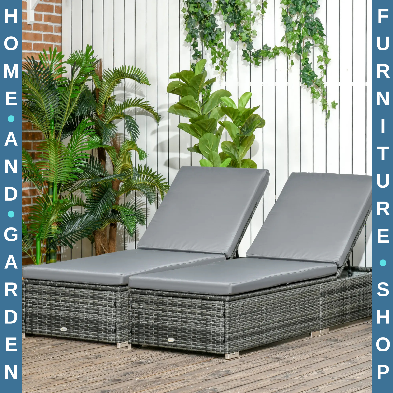 Set of 2 PE Rattan Sun Loungers with  5-Level Recliner Backrest and Cushion Grey